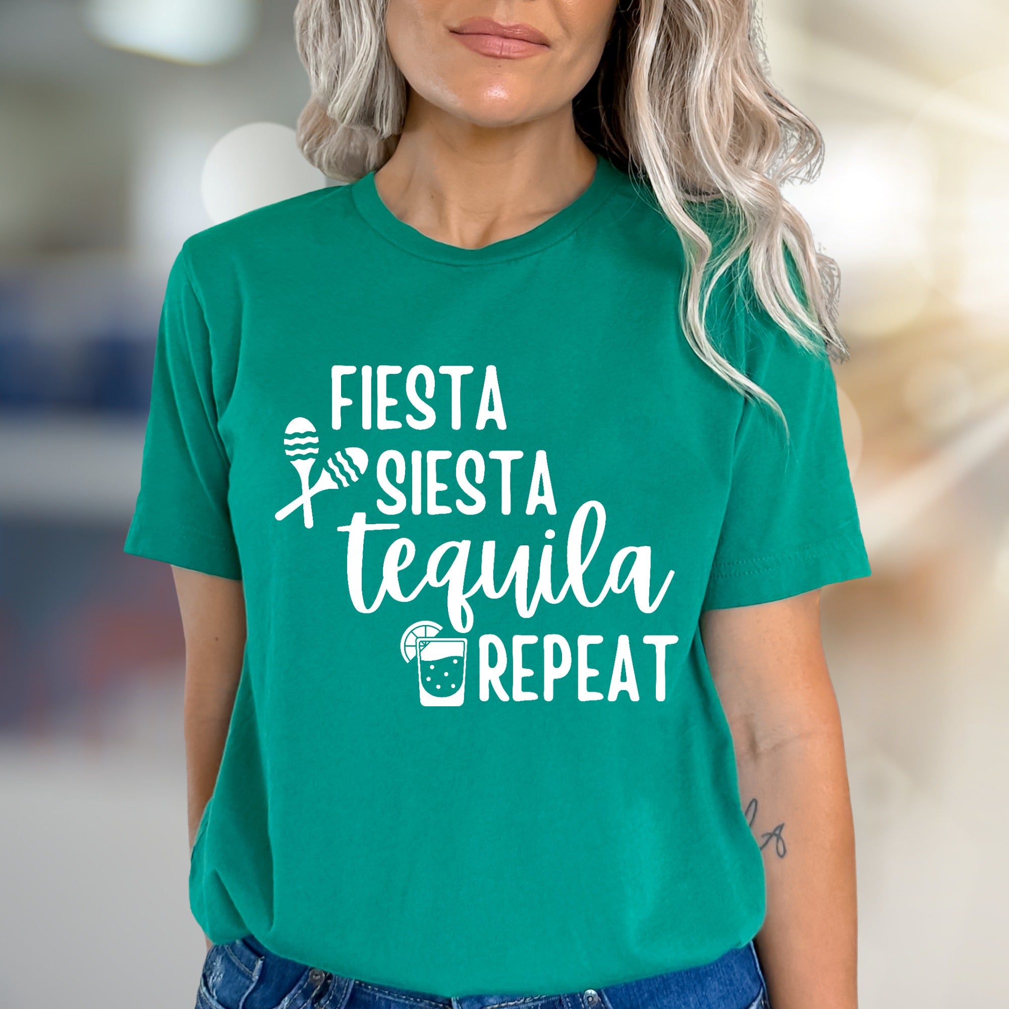 "FIESTA SIESTA TEQUILA REPEAT" Party Vibes Graphic Tee, a Fun Pick for Celebrators