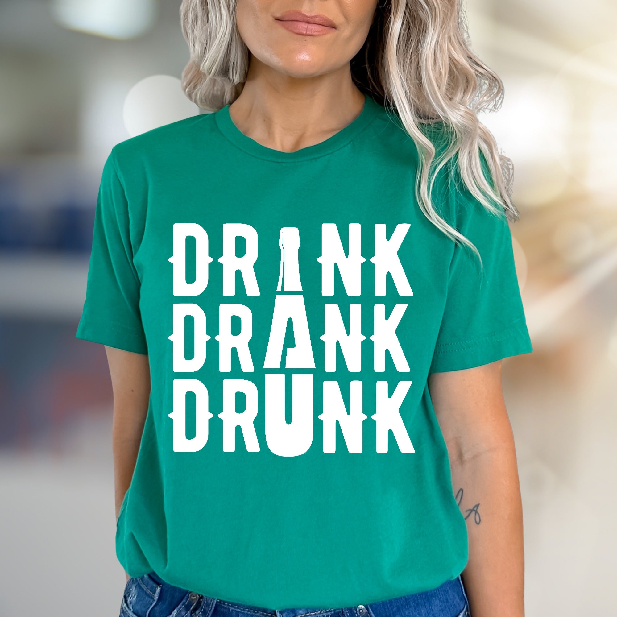 "DRINK DRANK DRUNK" Bar Night Graphic Tee, a Funny Party Pick for Revelers