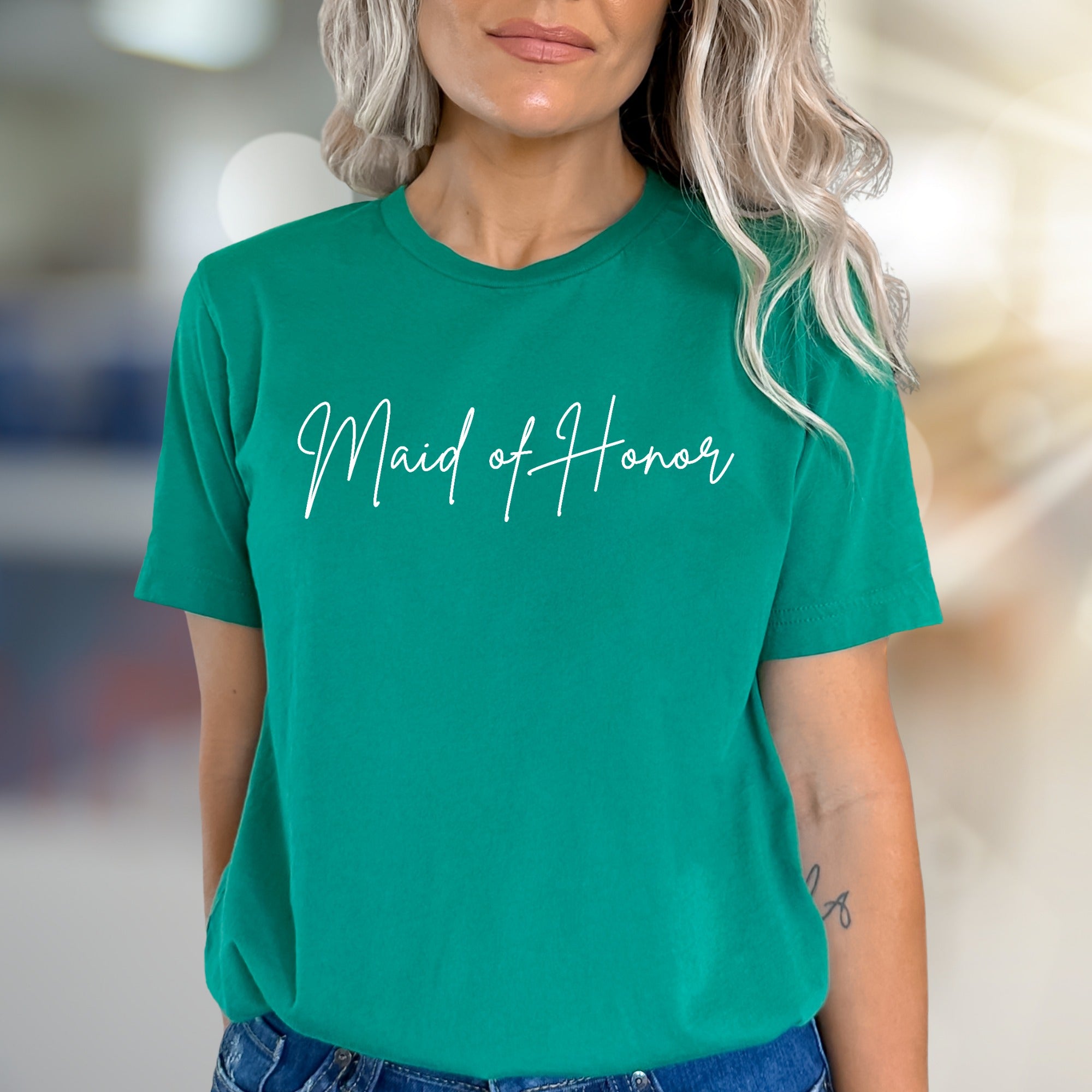 "Maid of Honor" Elegant Calligraphy Graphic Tee, A Bridal Party Pick for Wedding Squads