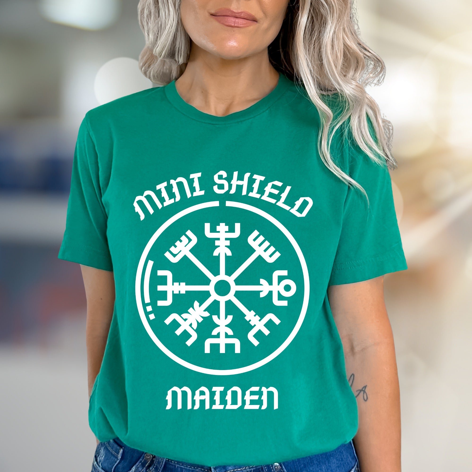 "MINI SHIELD MAIDEN" Viking Rune Compass Graphic Tee, a Norse Mythology Pick for Enthusiasts