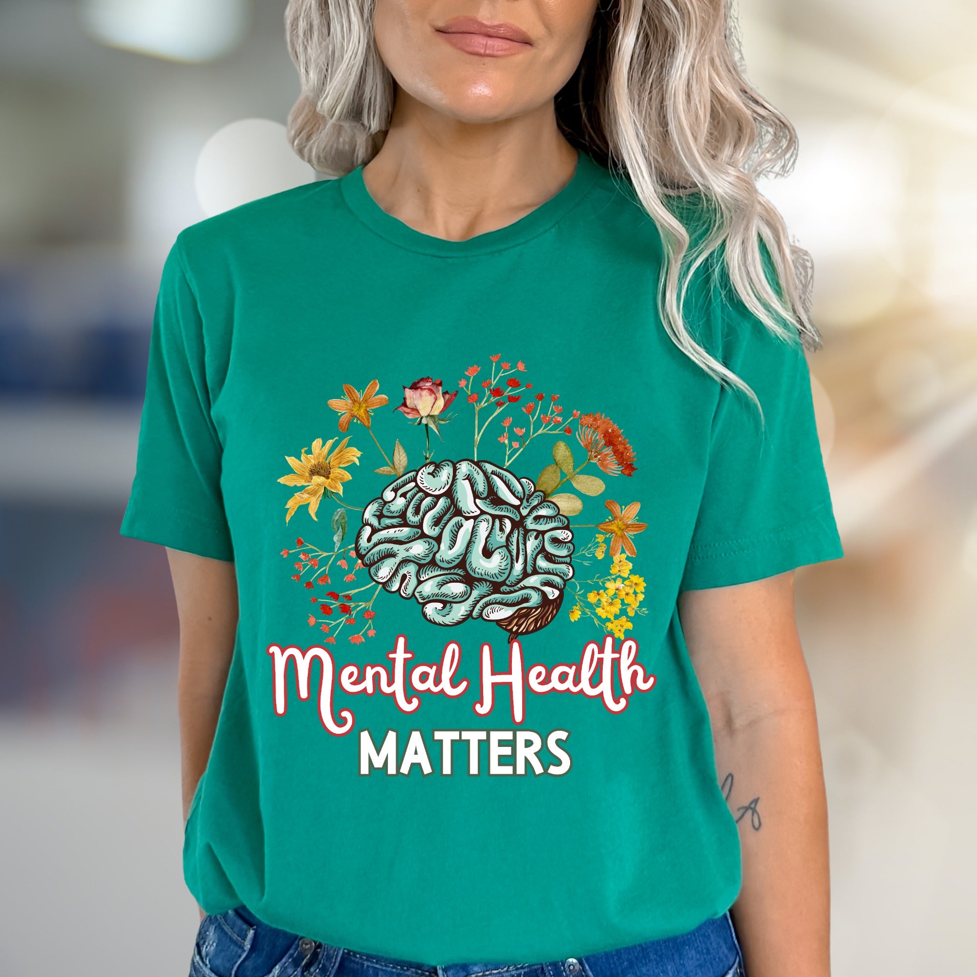 "Mental Health Matters" Floral Brain Graphic Tee, a Wellness Pick for Advocates