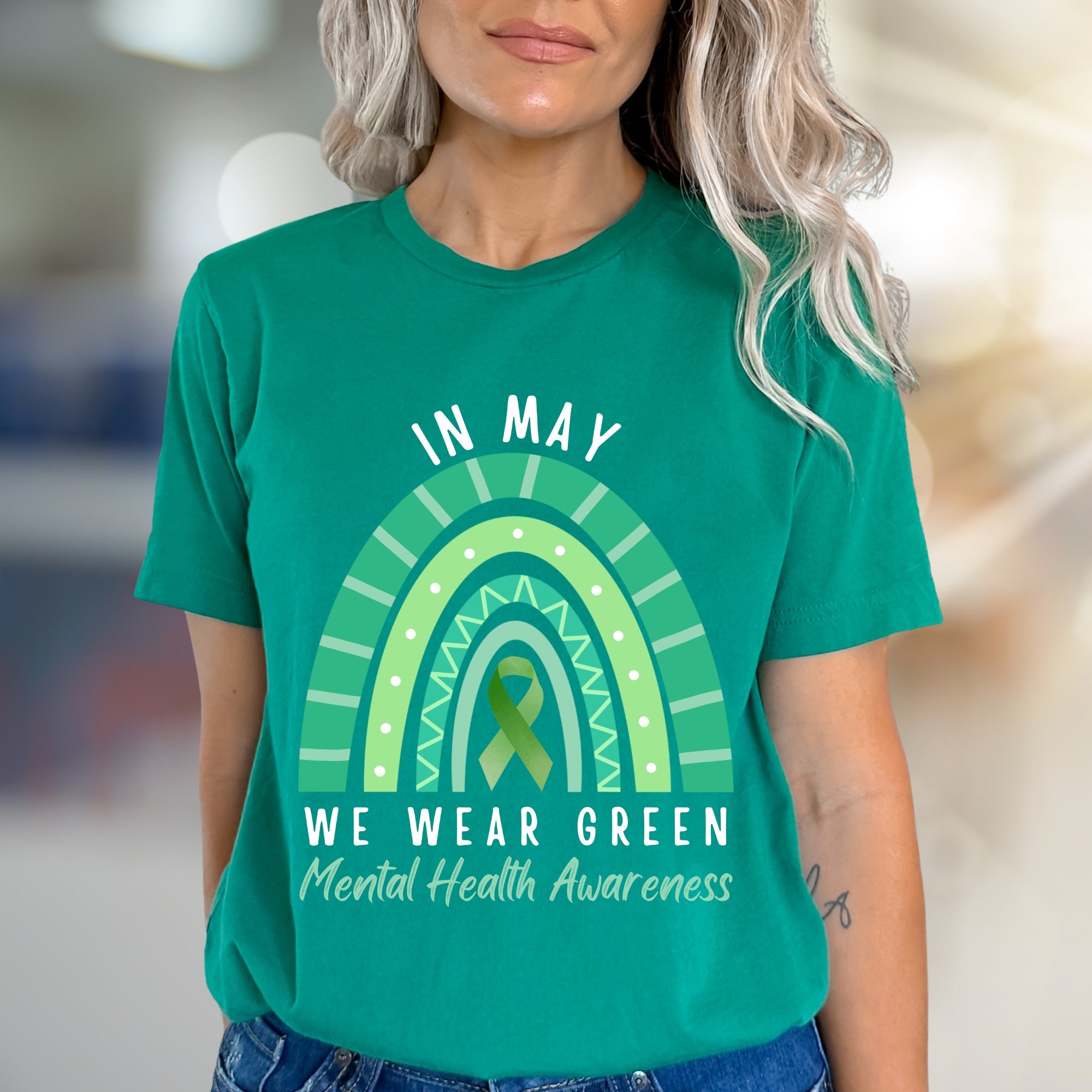 "IN MAY WE WEAR GREEN" Mental Health Awareness Rainbow Graphic Tee, a Supportive Expression for Advocates
