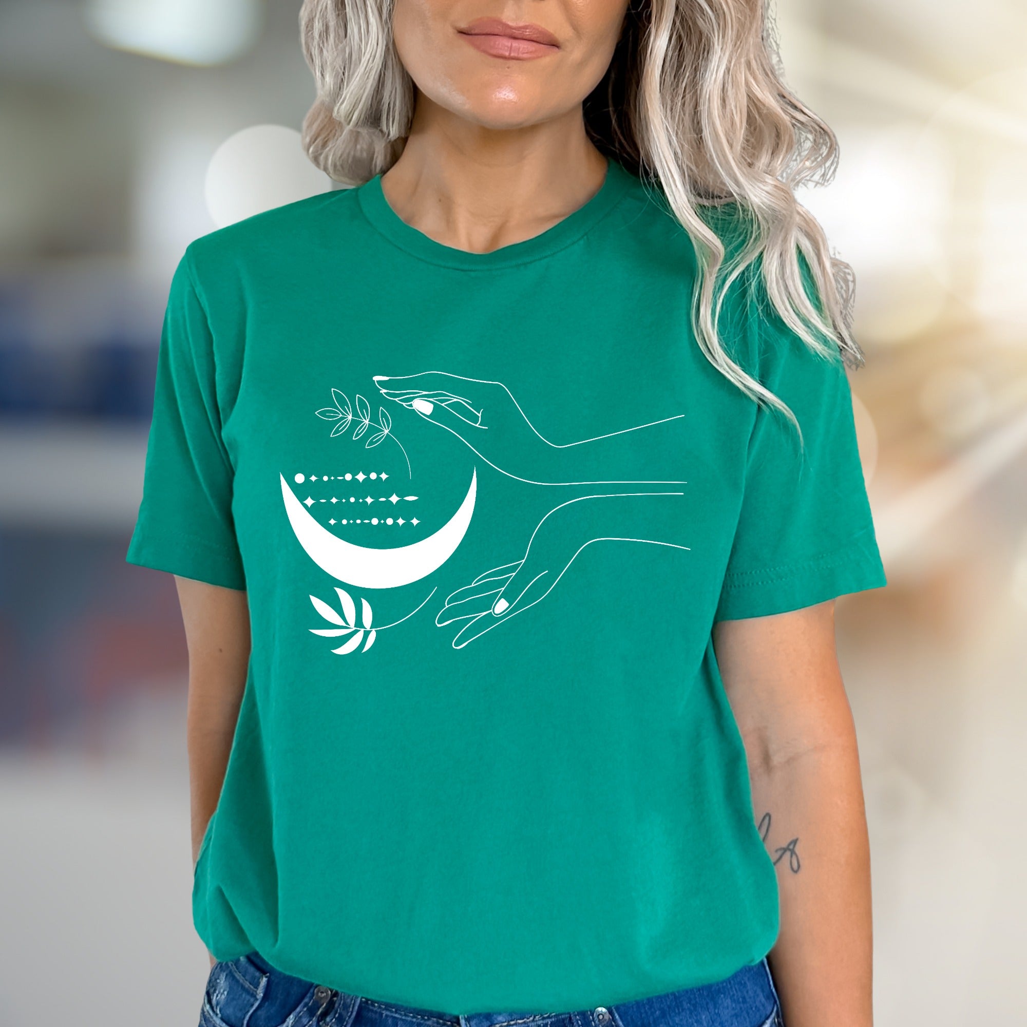 Moonlit Hands & Botanicals Graphic Tee, a Mystical Apparel for Spiritual Souls