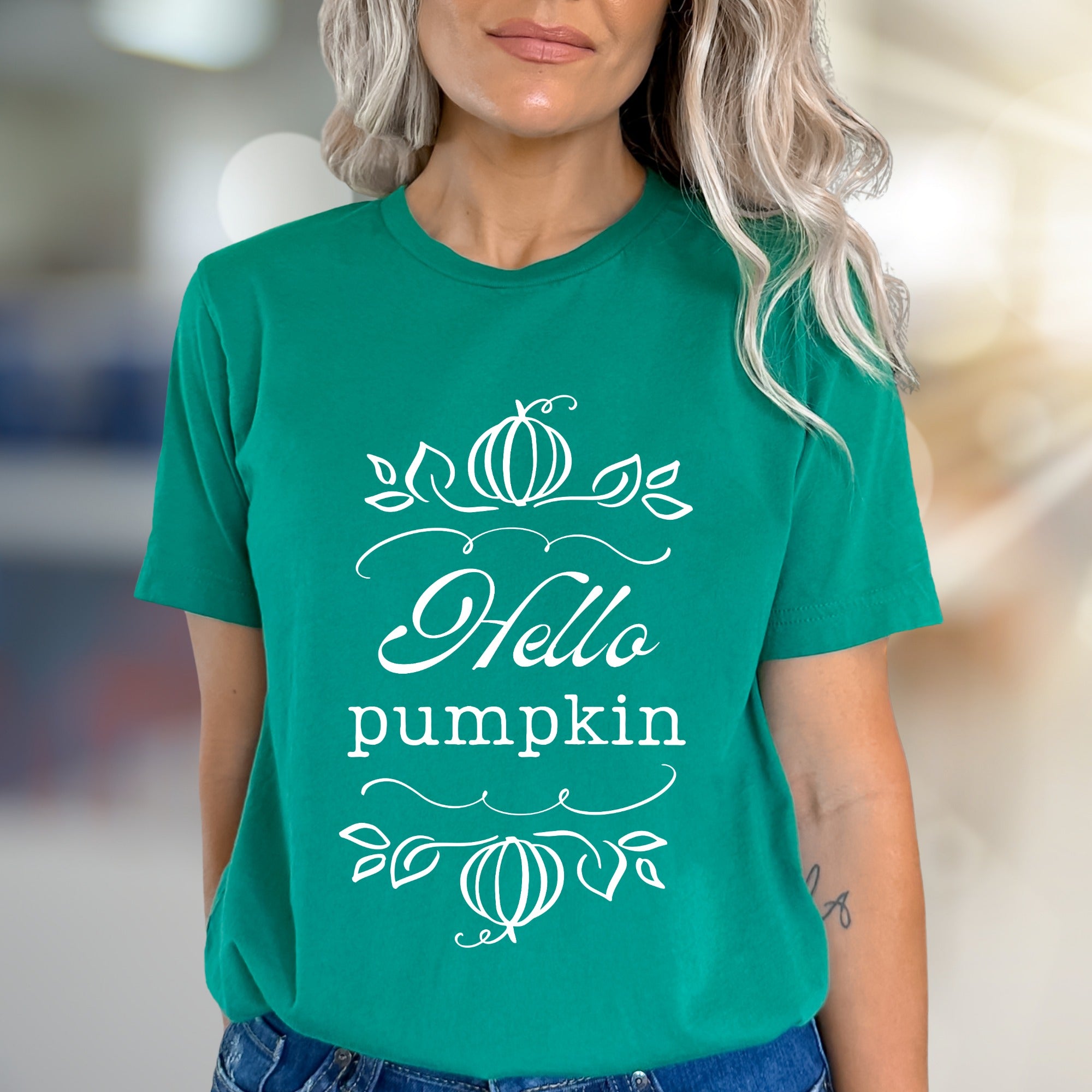 "Hello Pumpkin" Autumnal Graphic Tee, a Cozy Seasonal Pick for Fall Enthusiasts