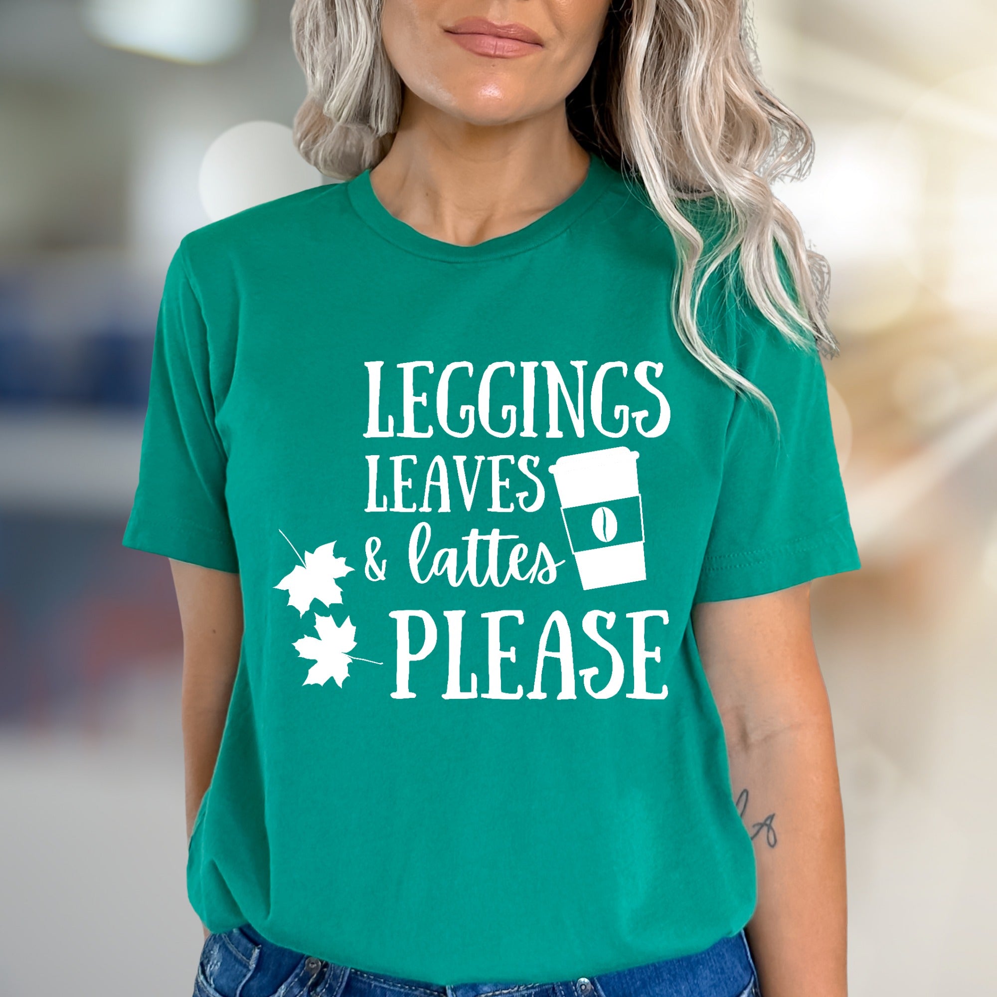 "LEGGINGS LEAVES & LATTES PLEASE" Autumn Comfort Graphic Tee, a Cozy Fall Pick for Coffee Lovers