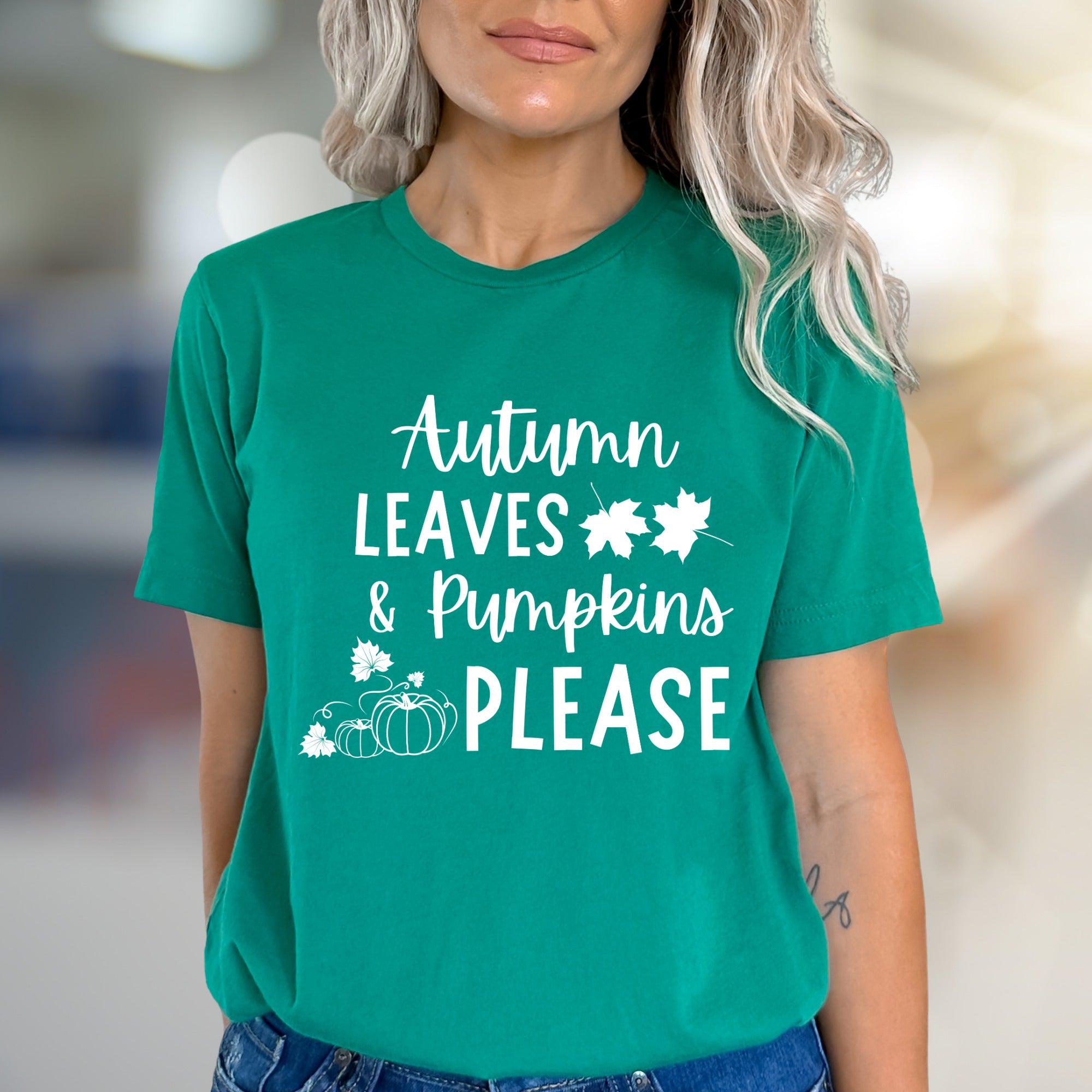 "Autumn Leaves & Pumpkins Please" Fall Graphic Tee, a Cozy Autumn Pick for Harvest Lovers