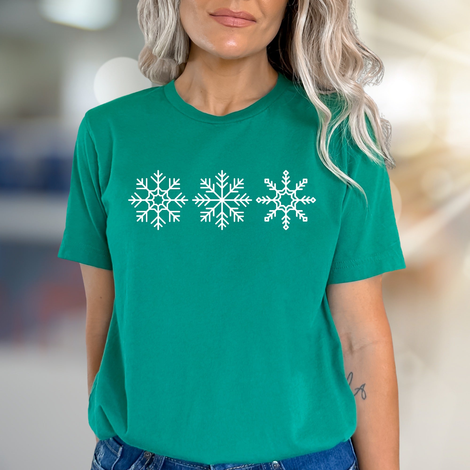 Three Snowflakes Winter Graphic Tee, A Cozy Holiday Pick for Everyone