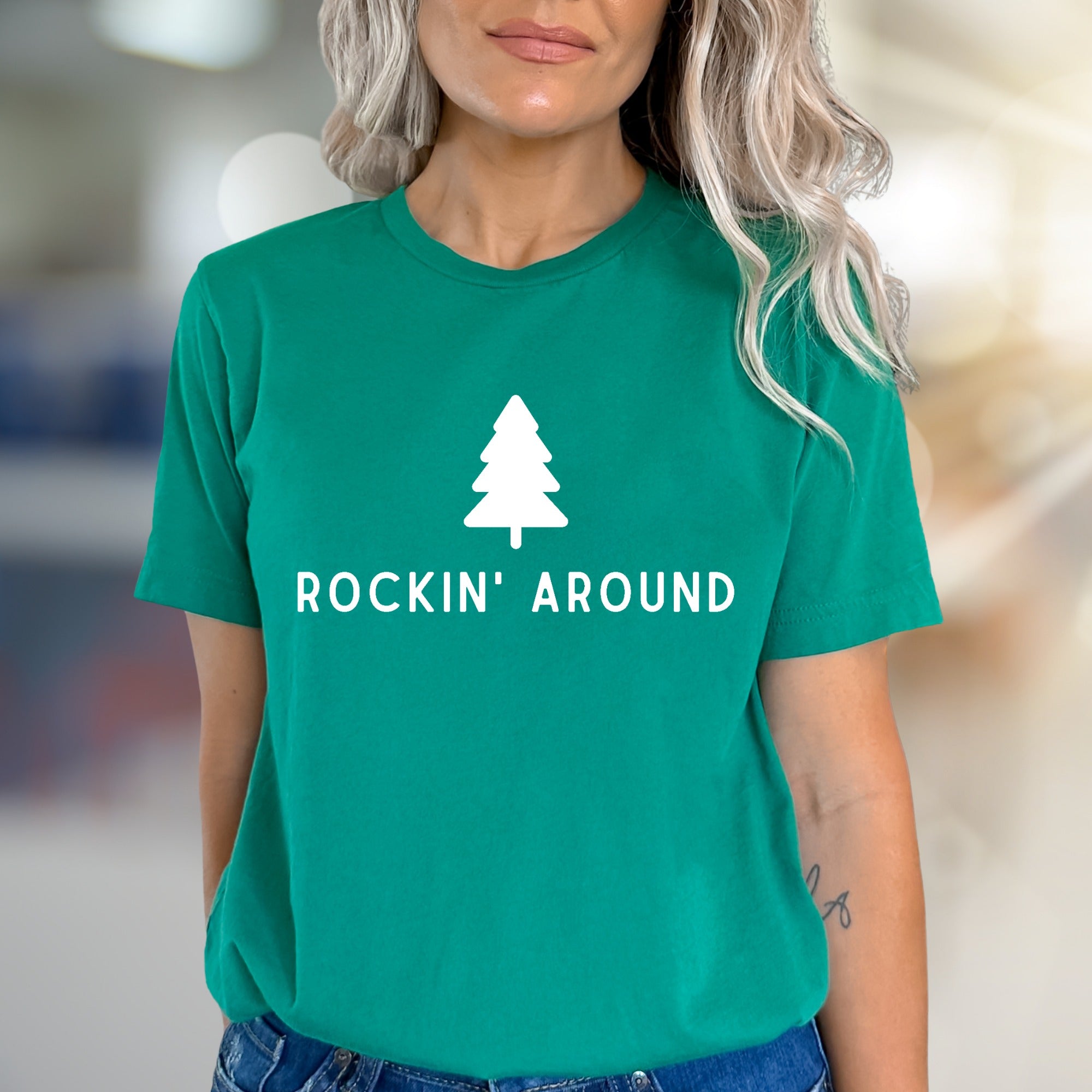 "ROCKIN' AROUND" Christmas Tree Graphic Tee, a Festive Holiday Pick for Merrymakers