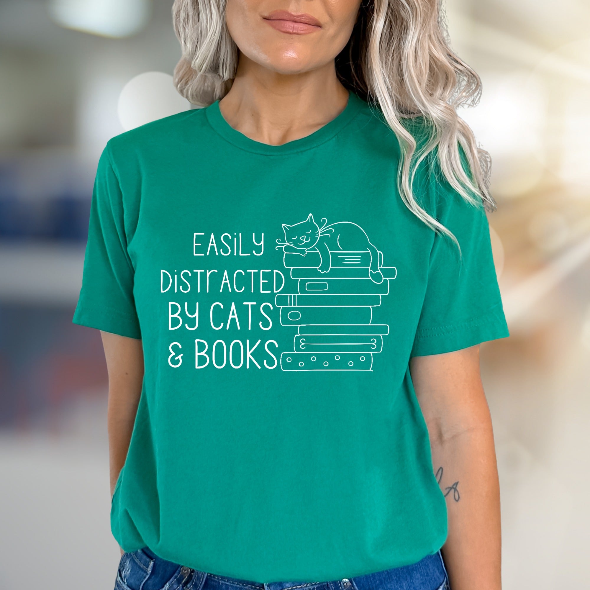 "Easily Distracted by Cats & Books" Cozy Reader Graphic Tee, a Feline Literature Lover's Pick for Bookworms