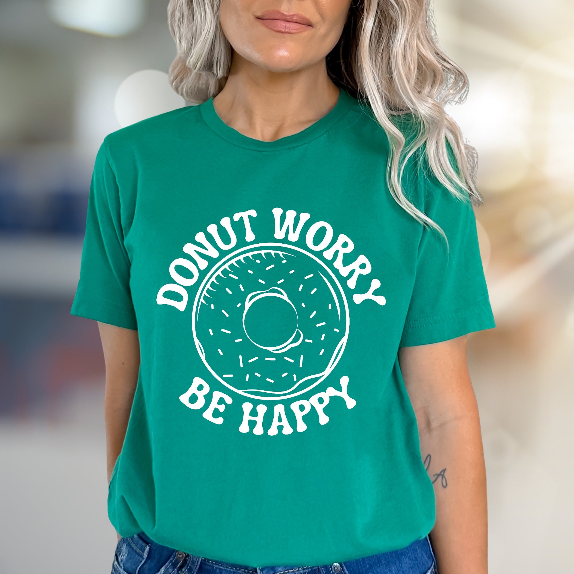 "Donut Worry Be Happy" Donut Graphic Tee, a Sweet Treat Pick for Optimists