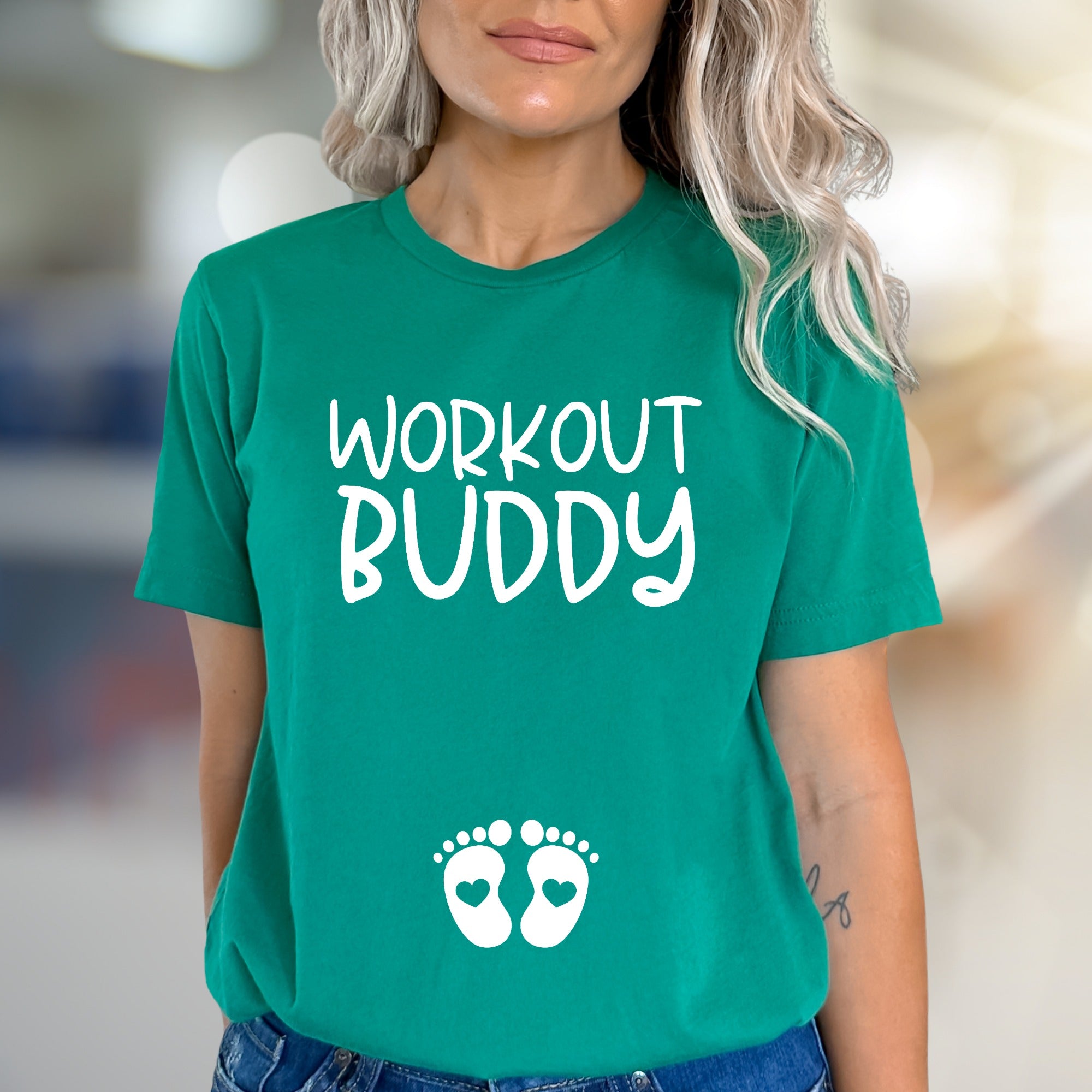 "Workout Buddy" Maternity Graphic Tee, a Pregnancy-Fit Pick for Expecting Moms