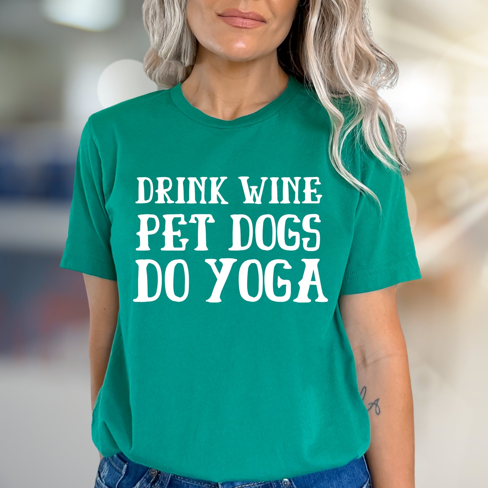 "DRINK WINE PET DOGS DO YOGA" Lifestyle Graphic Tee, a Relaxed Fit for Fun Lovers