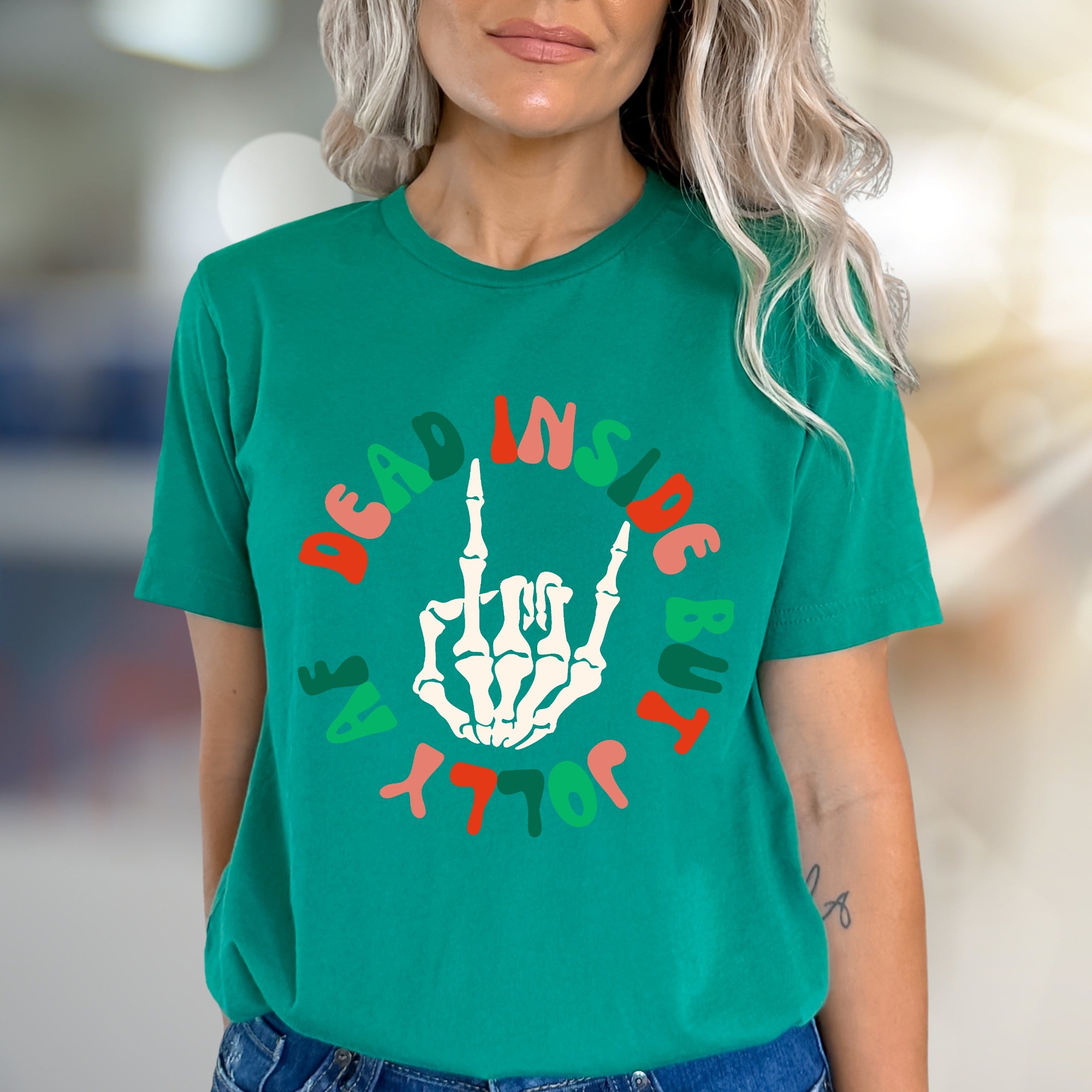 "Dead Inside But Jolly AF" Christmas Skeleton Graphic Tee, a Witty Holiday Pick for Festive Souls