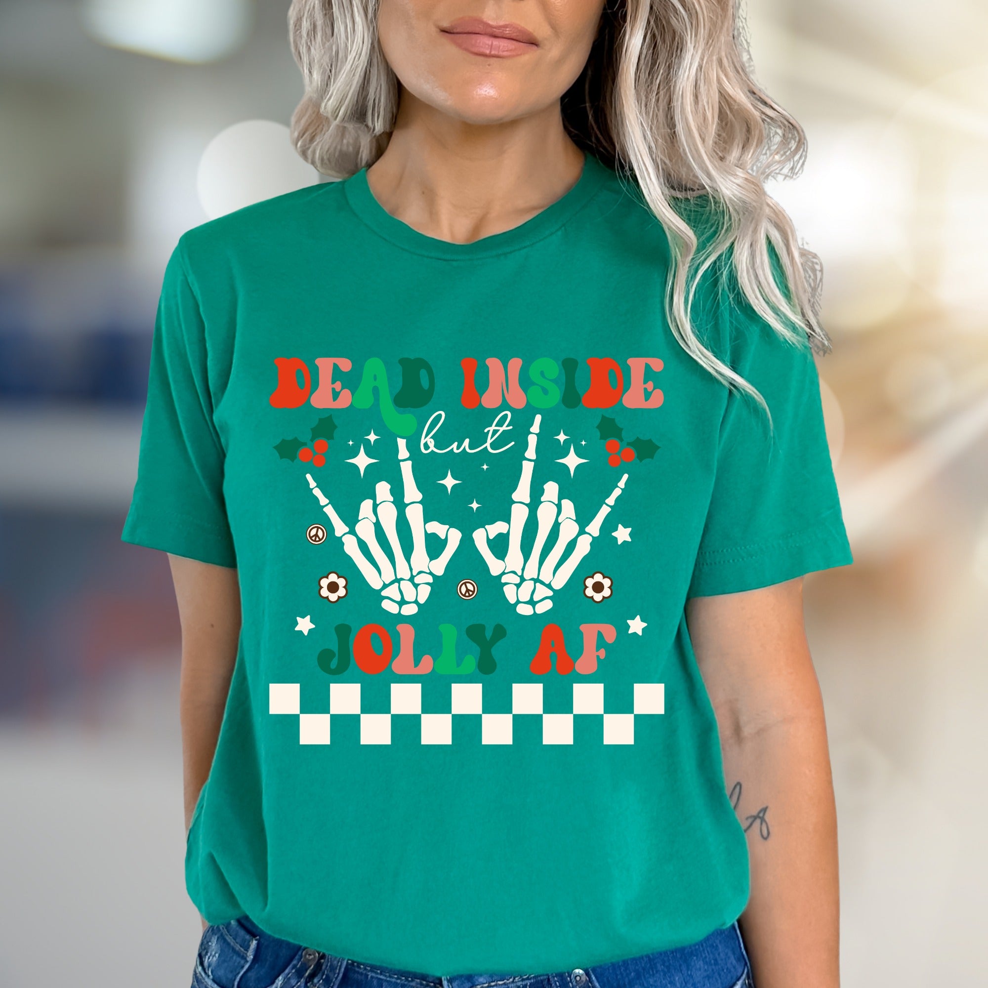"Dead Inside But Jolly AF" Christmas Skeleton Graphic Tee, A Humorous Holiday Pick for Festive Vibes