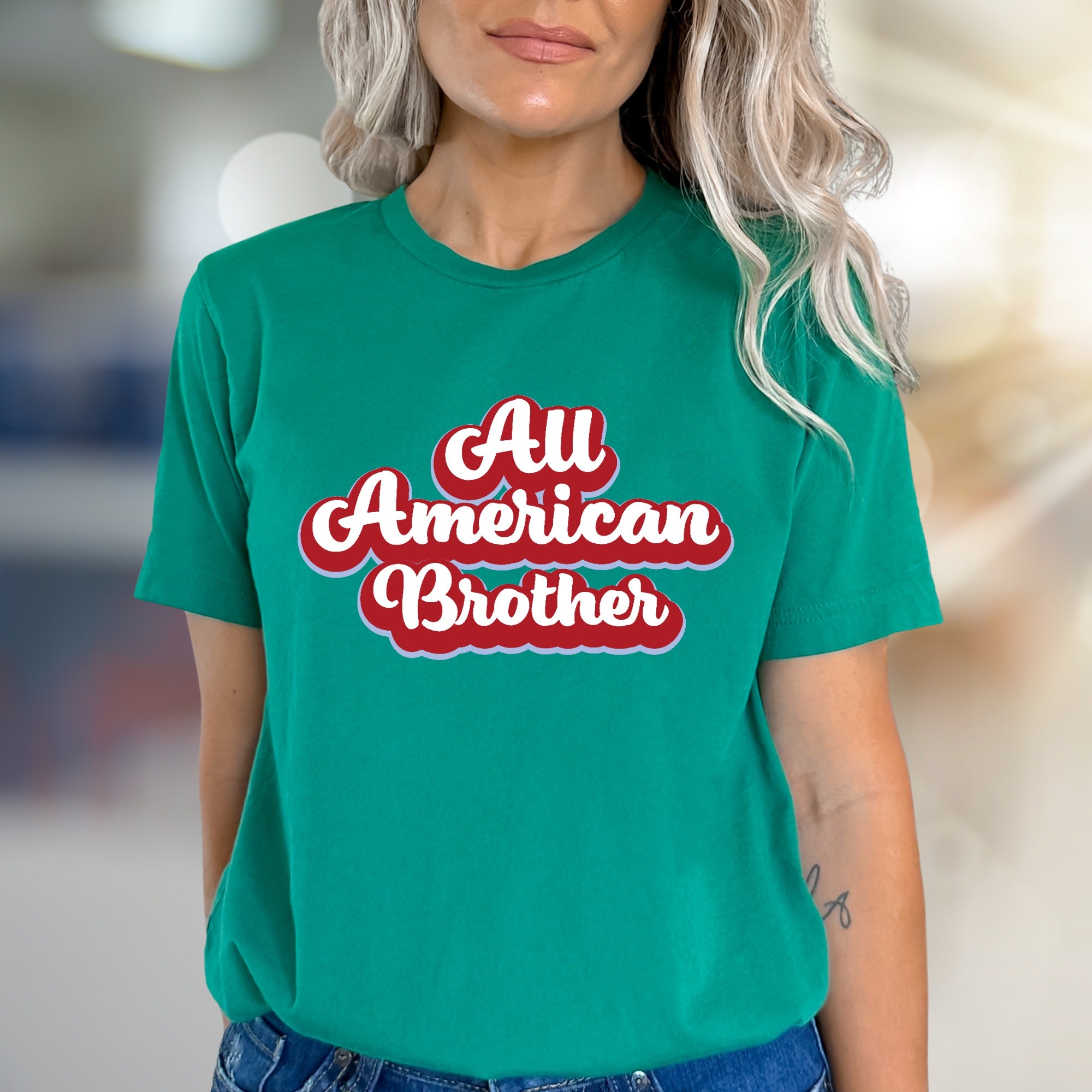 "All American Brother" Retro Script Graphic Tee, a Patriotic Pick for Family