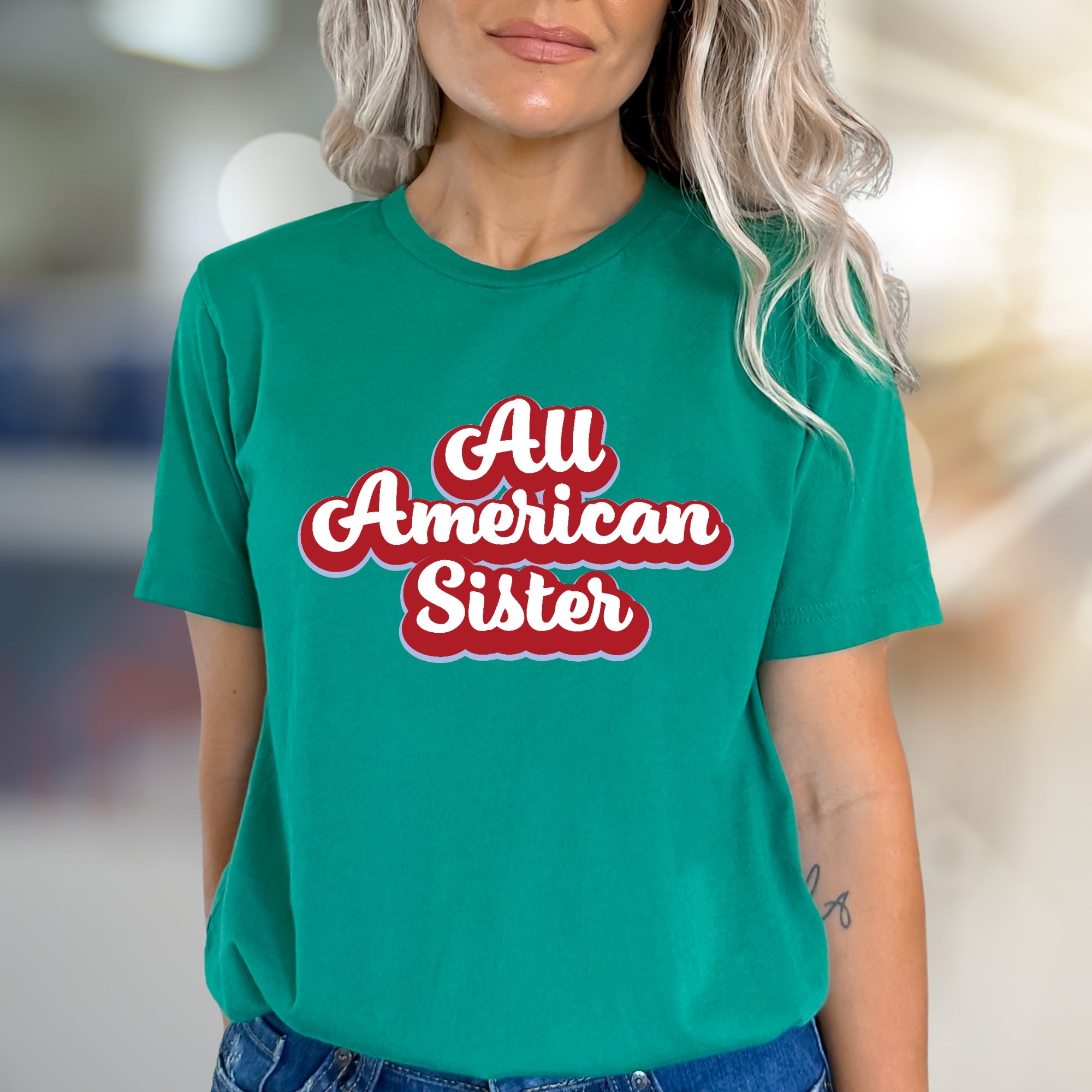 "All American Sister" Retro Graphic Tee, a Family Pride Pick for Sisters