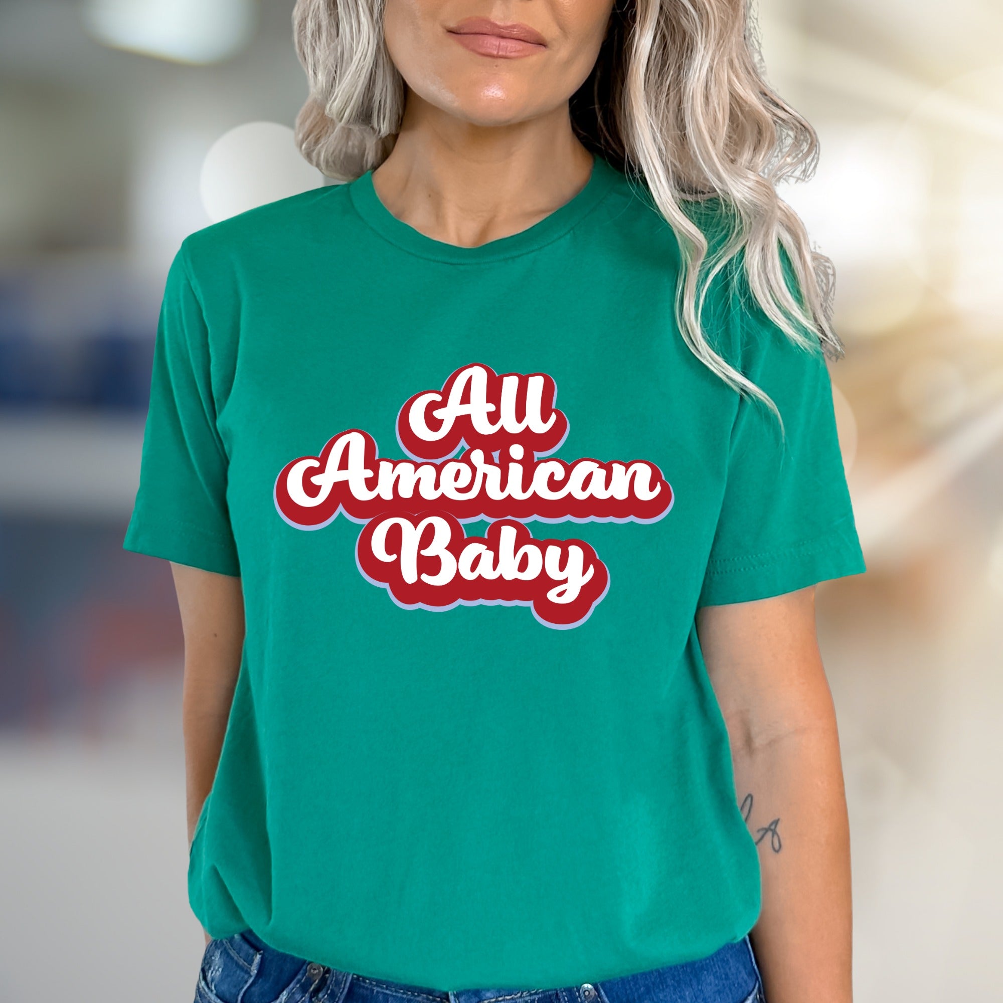 "All American Baby" Retro Graphic Tee, a Patriotic Pick for Her