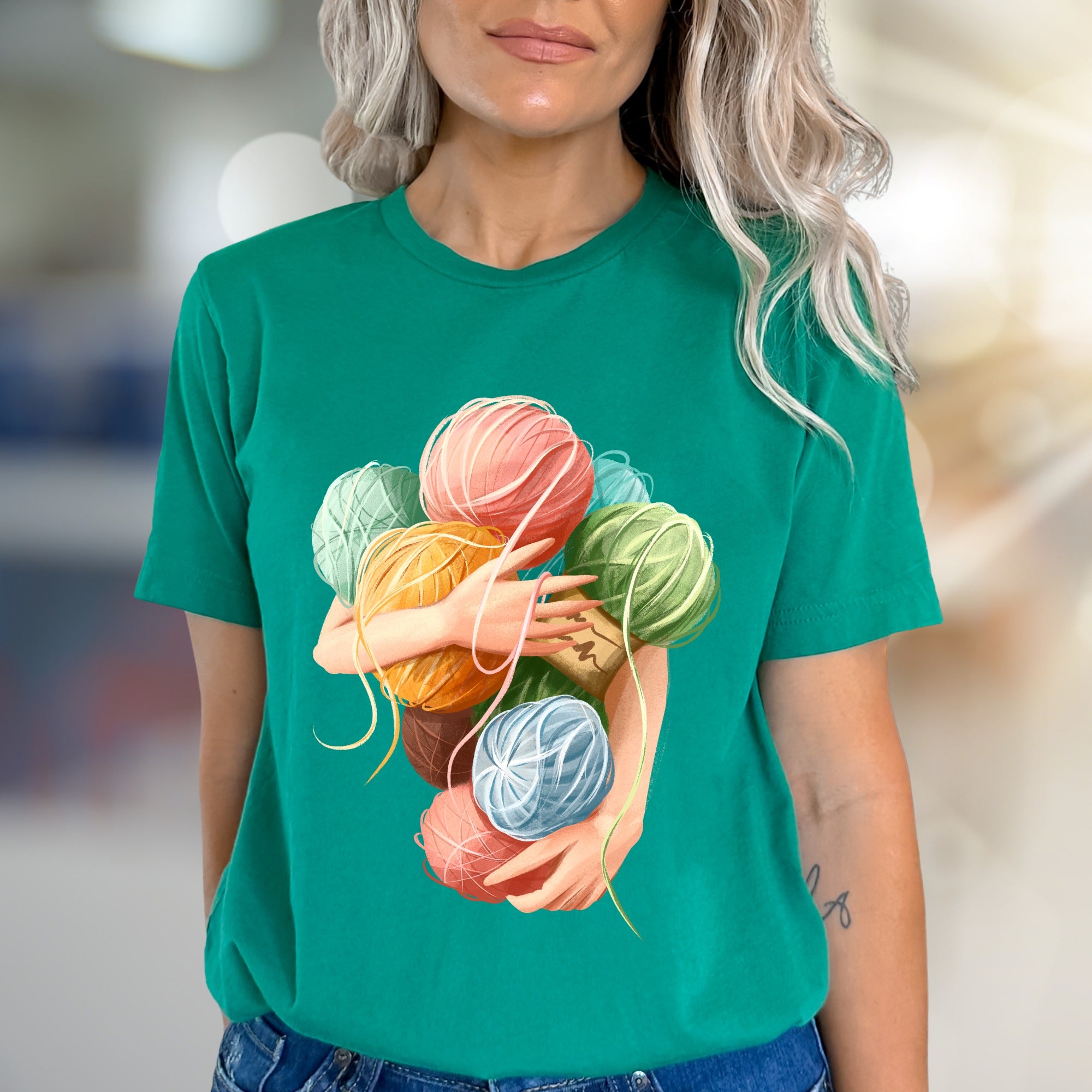 Hugging Yarn Balls Graphic Tee, A Crafty Pick for Makers
