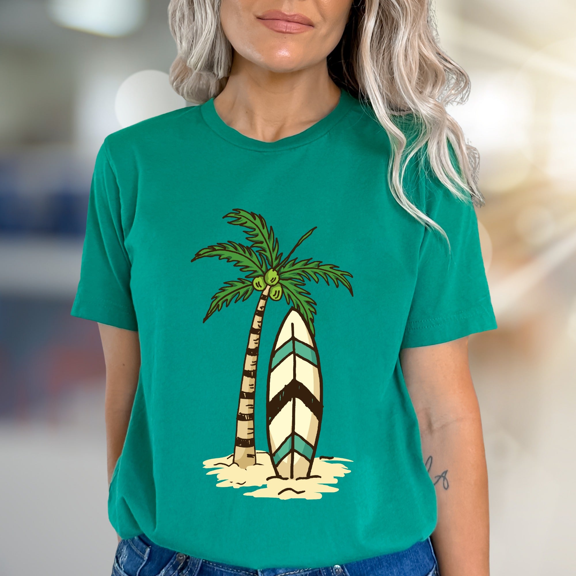 Palm Tree Surfboard Island Zen Graphic Tee, A Tropical Escape for Beach Lovers
