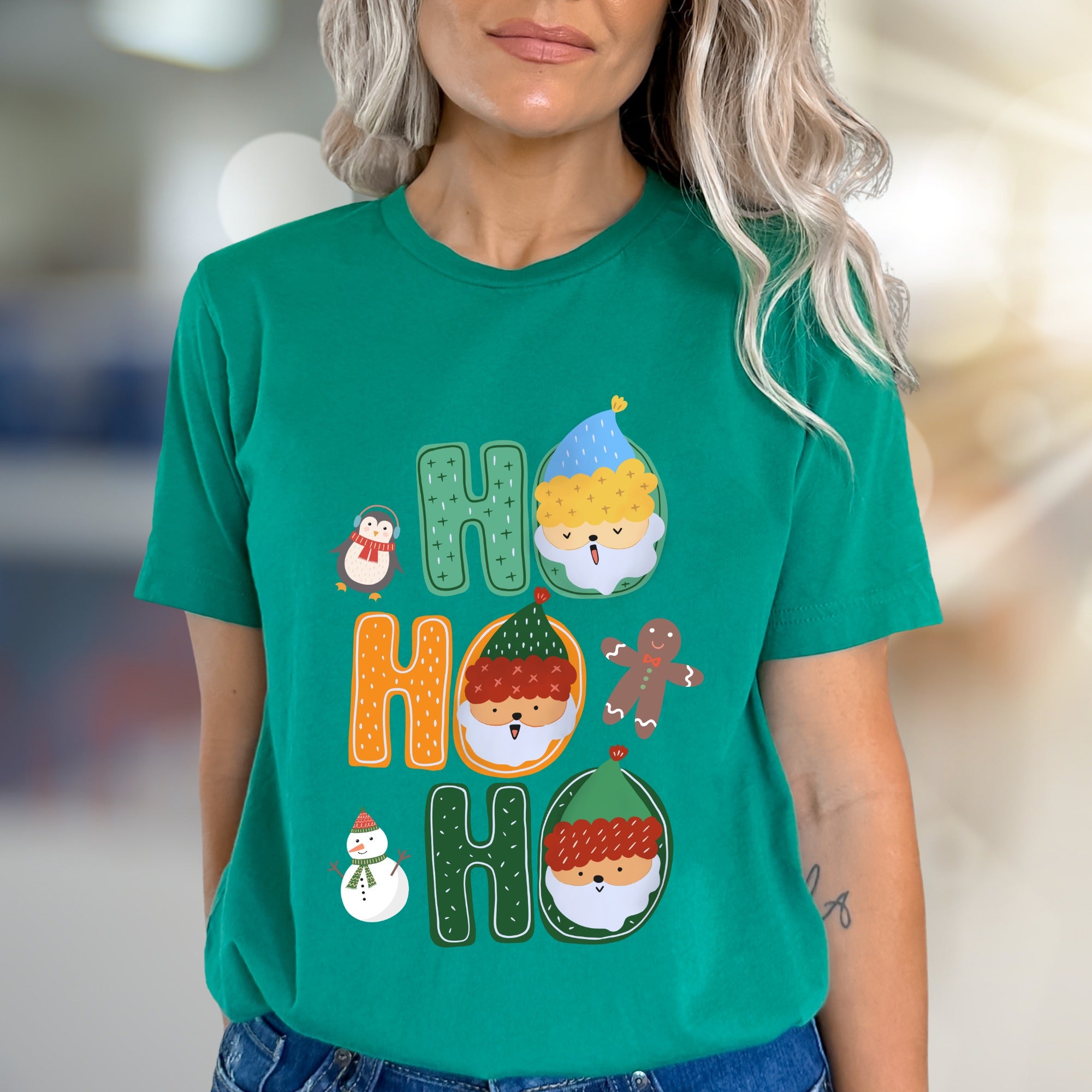 "HO HO HO" Christmas Characters Graphic Tee, a Festive Holiday Pick for Merrymakers