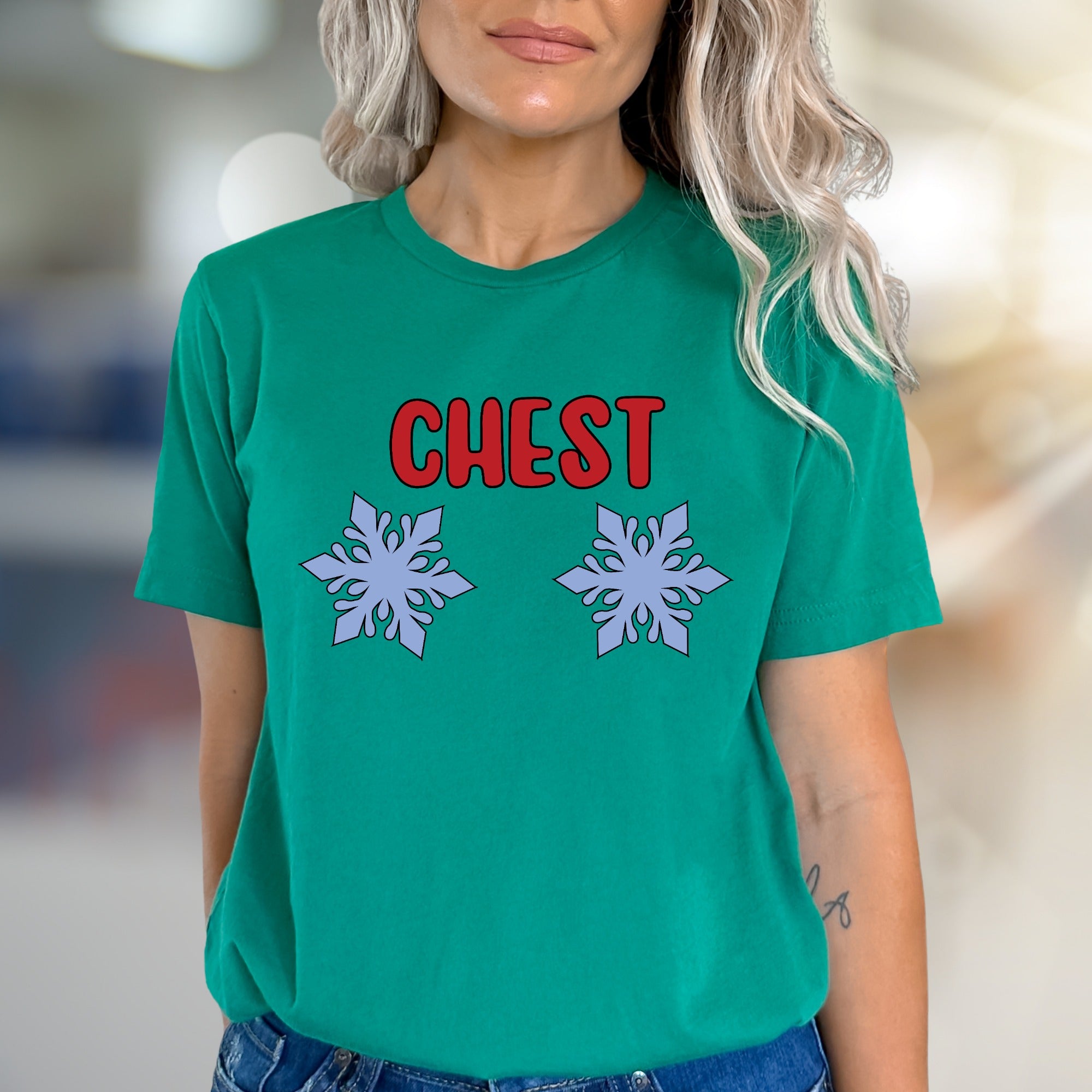 "CHEST" Snowy Snowflake Graphic Tee, a Witty Winter Pick for Fun-Lovers