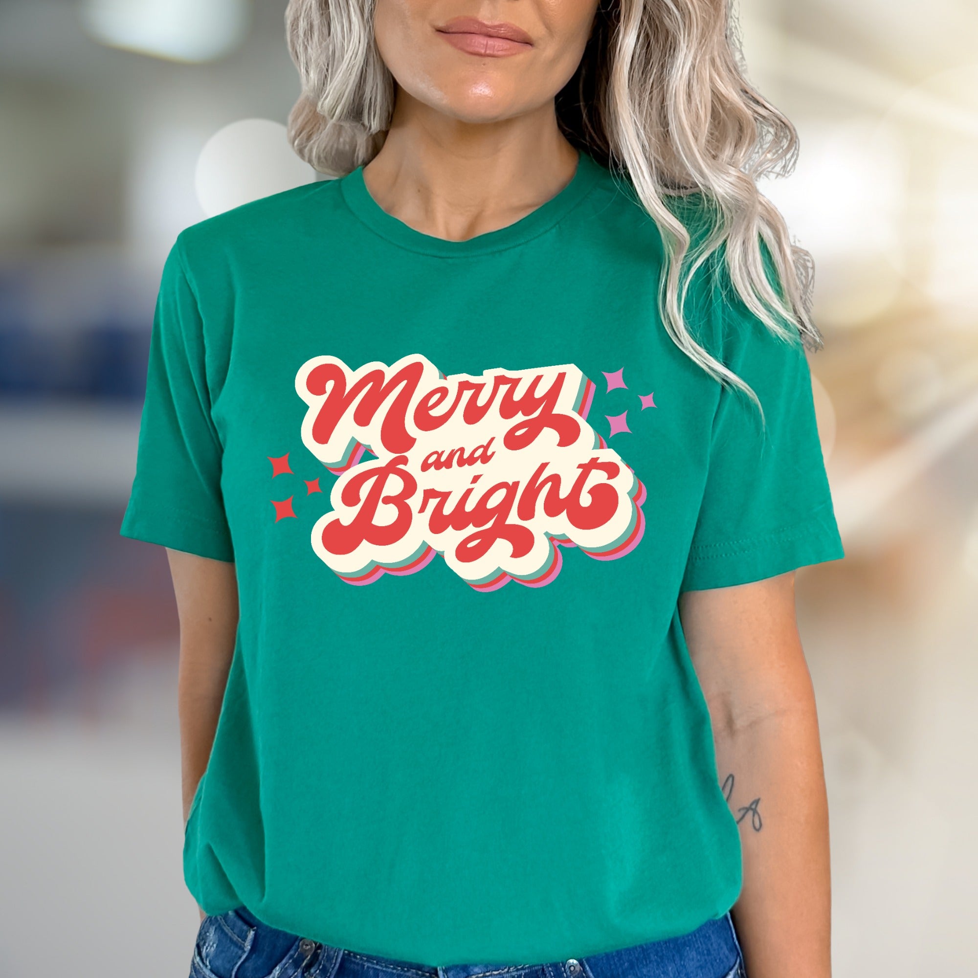 "Merry and Bright" Retro Holiday Graphic Tee, a Festive Pick for Joyful Souls
