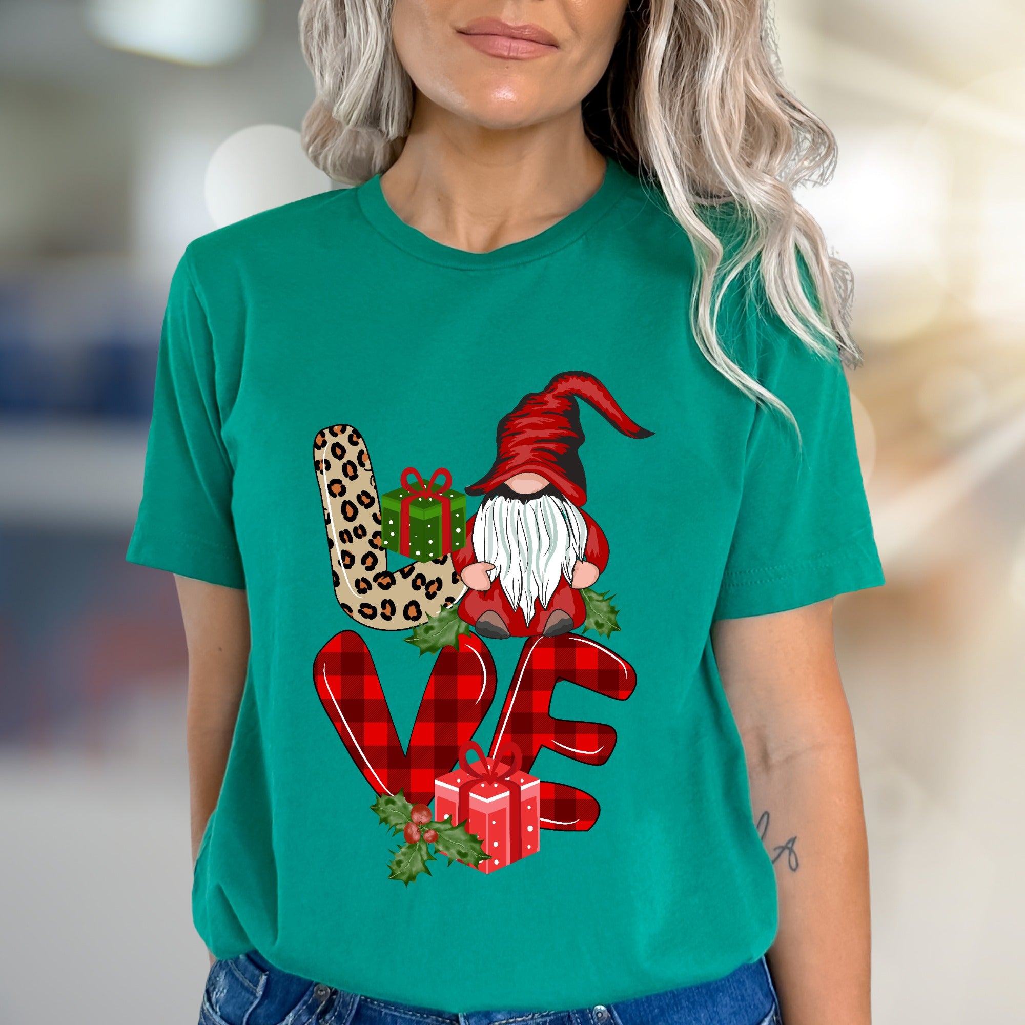 "LOVE" Gnome Leopard Plaid Graphic Tee, a Festive Holiday Gift for Her