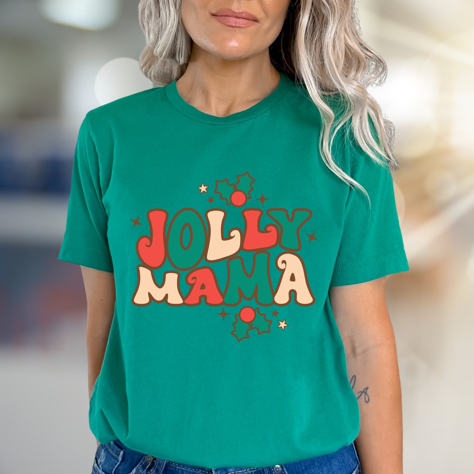 "Jolly Mama" Retro Christmas Graphic Tee, a Festive Pick for Merry Moms