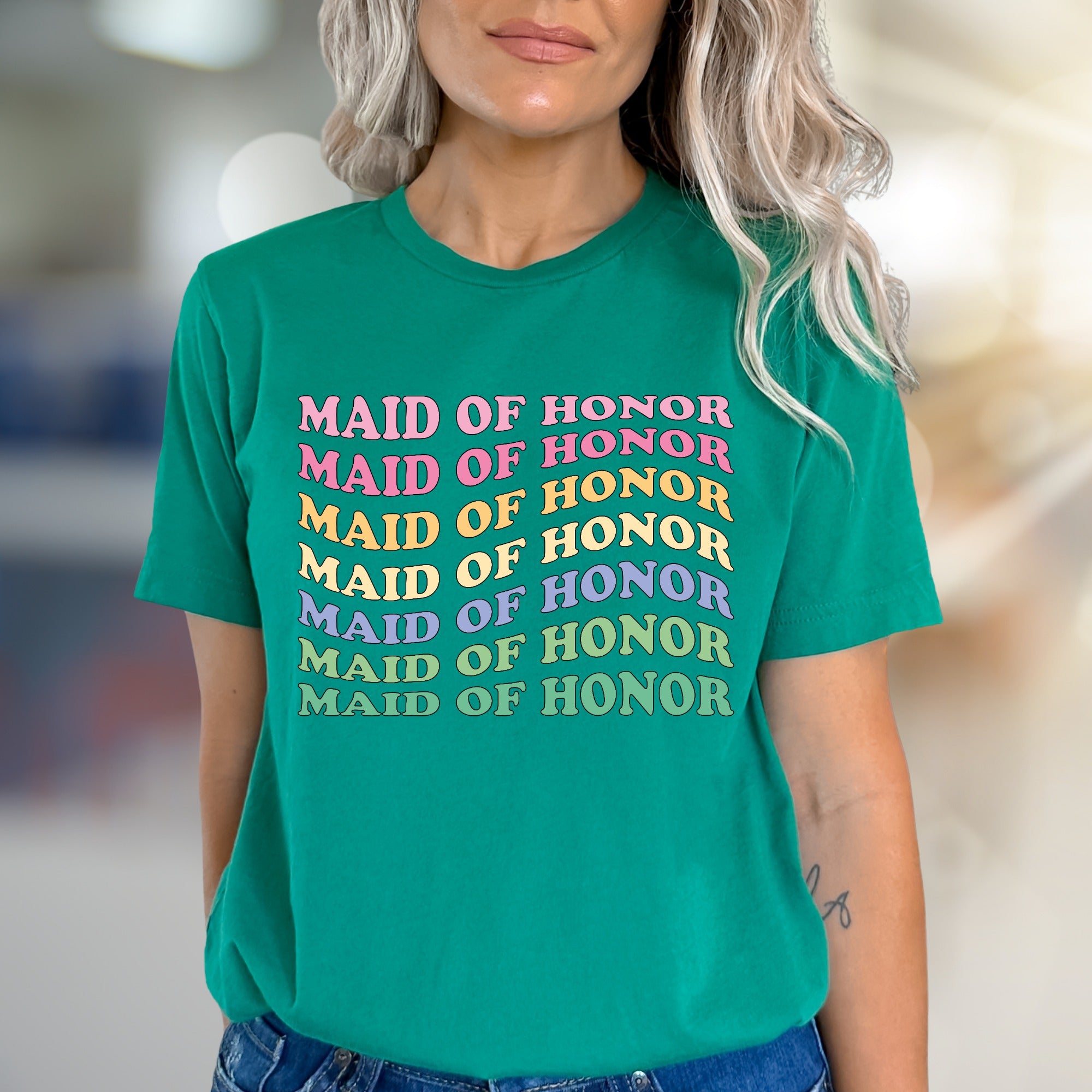 "Maid of Honor" Rainbow Retro Graphic Tee, a Bridal Party Pick for Her