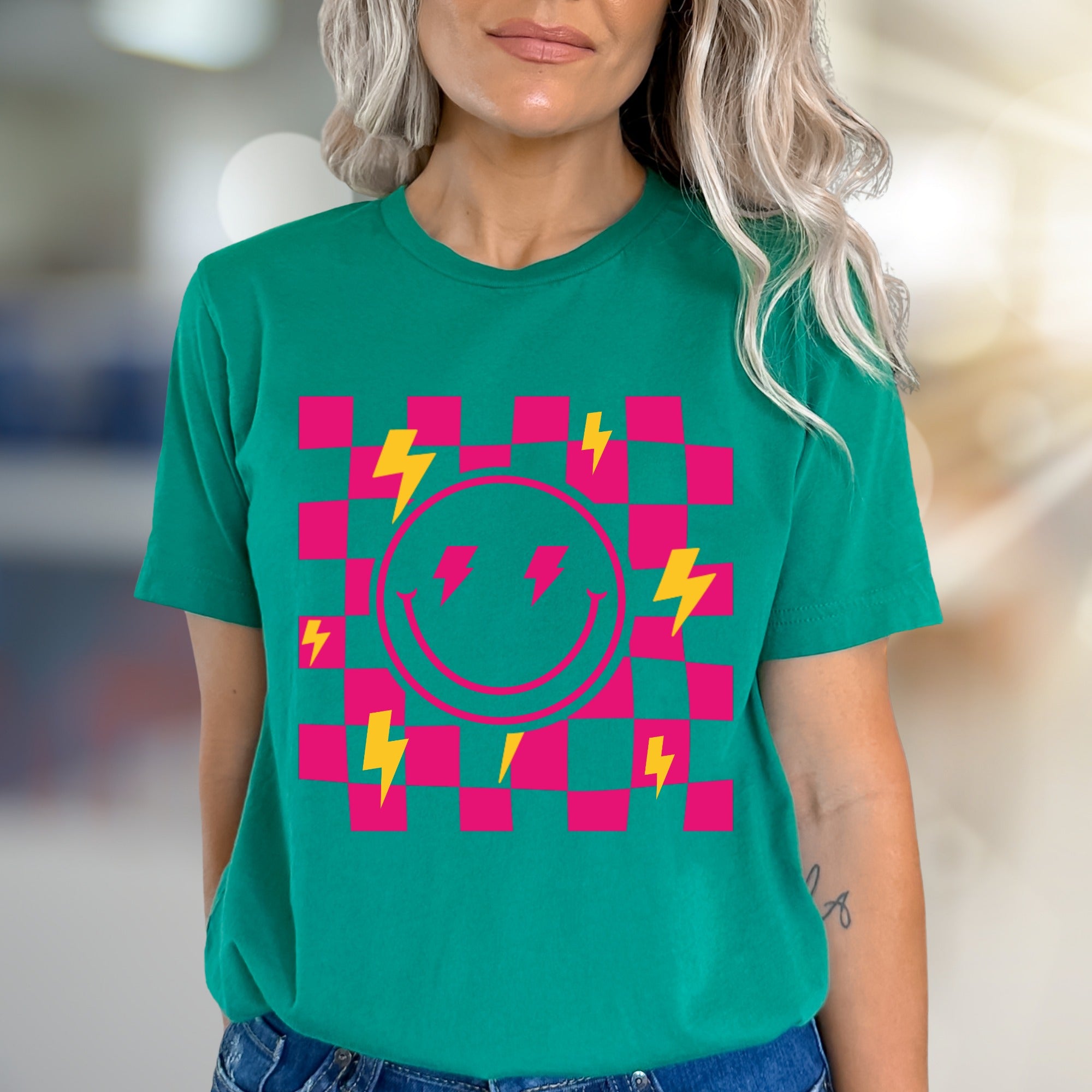 Neon Checkerboard Lightning Smiley Face Graphic Tee, a Bold Y2K Pick for Trendsetters