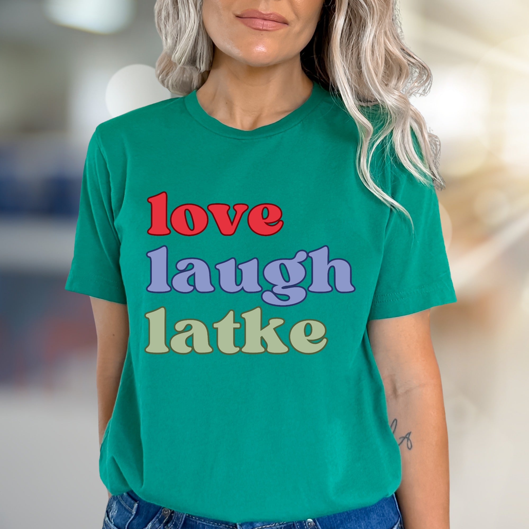 "love laugh latke" Whimsical Foodie Graphic Tee, a Humorous Pick for Latke Lovers