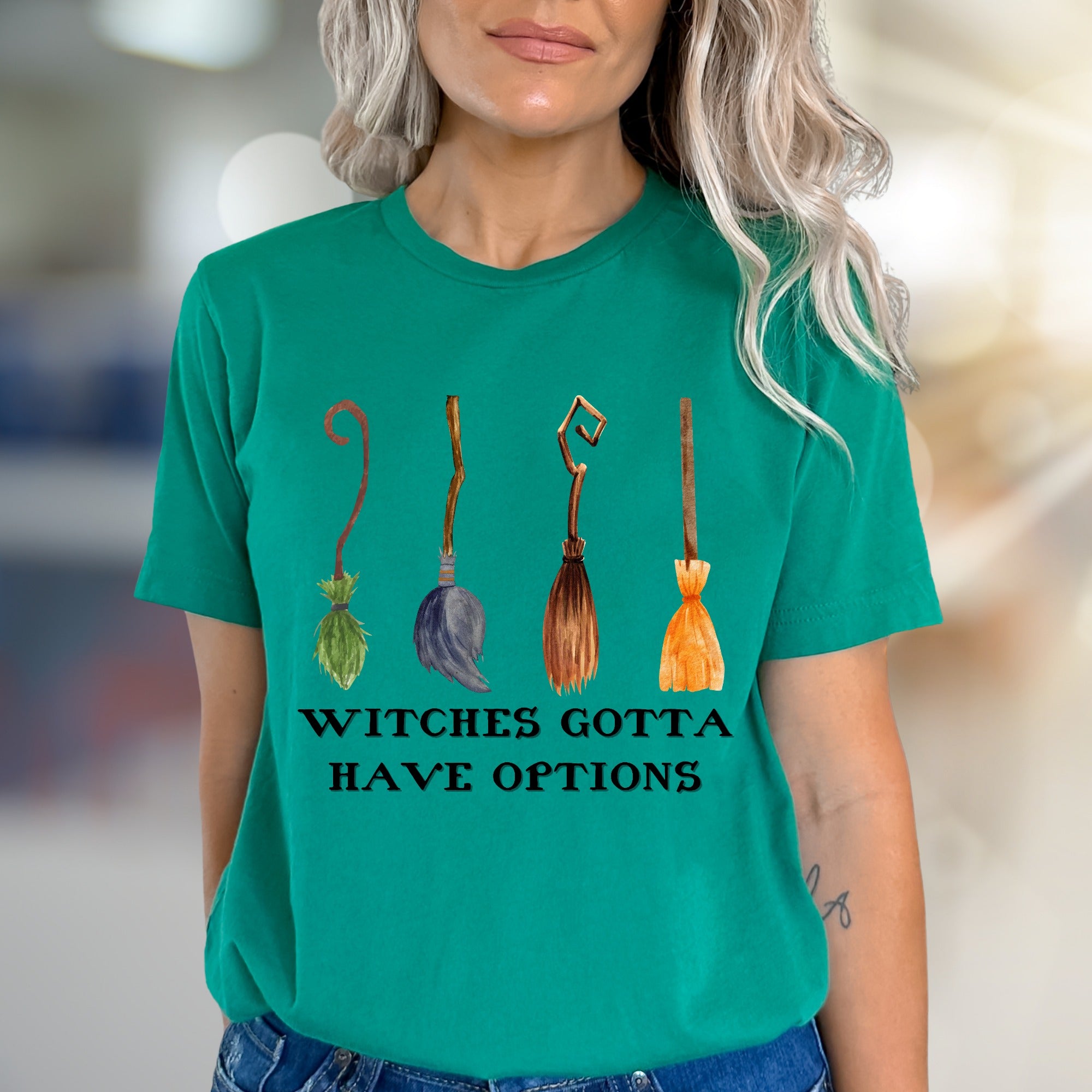 "Witches Gotta Have Options" Halloween Broomstick Graphic Tee, a Spooky Chic Pick for Witches