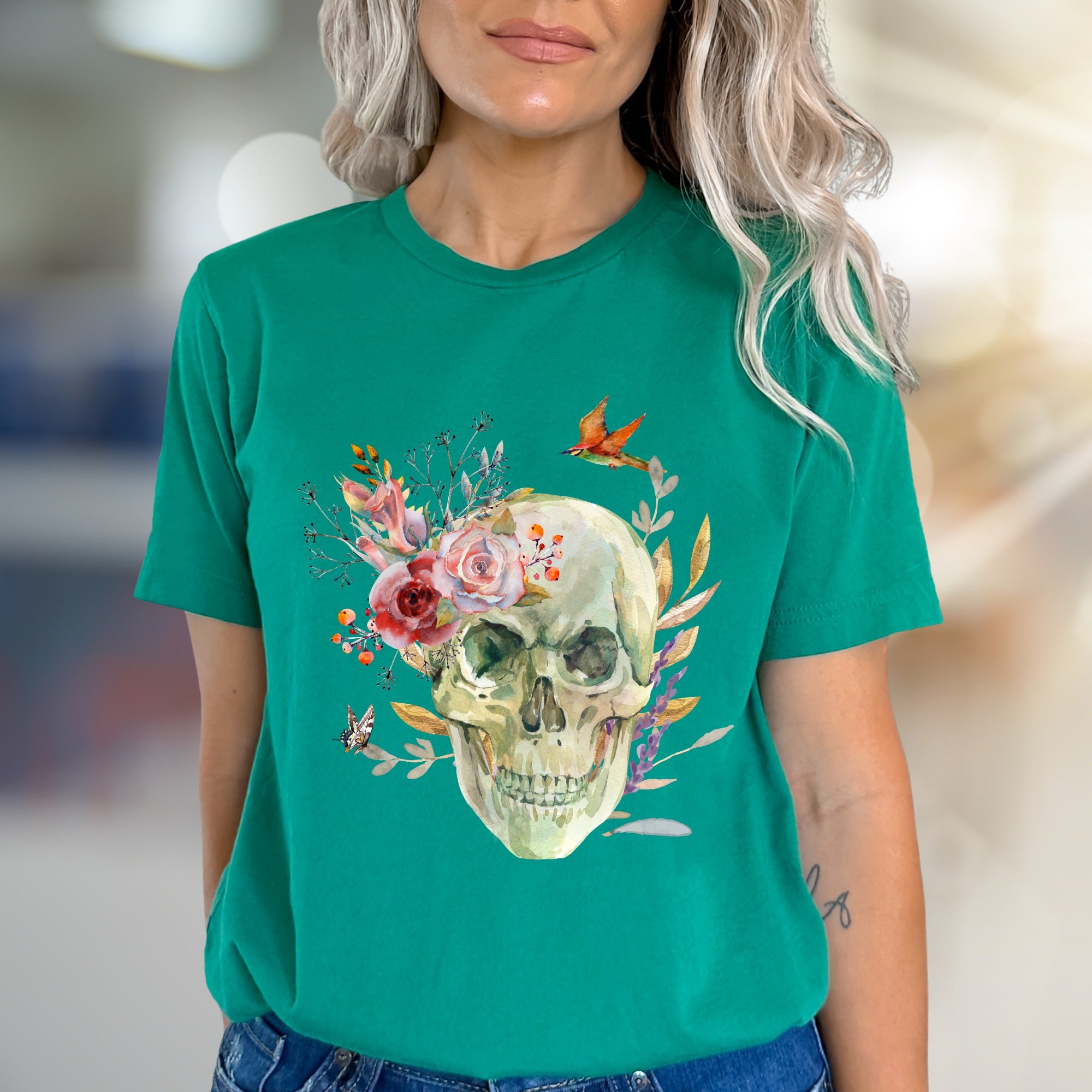 Floral Skull Watercolor Graphic Tee, a Nature-Inspired Pick for Art Lovers