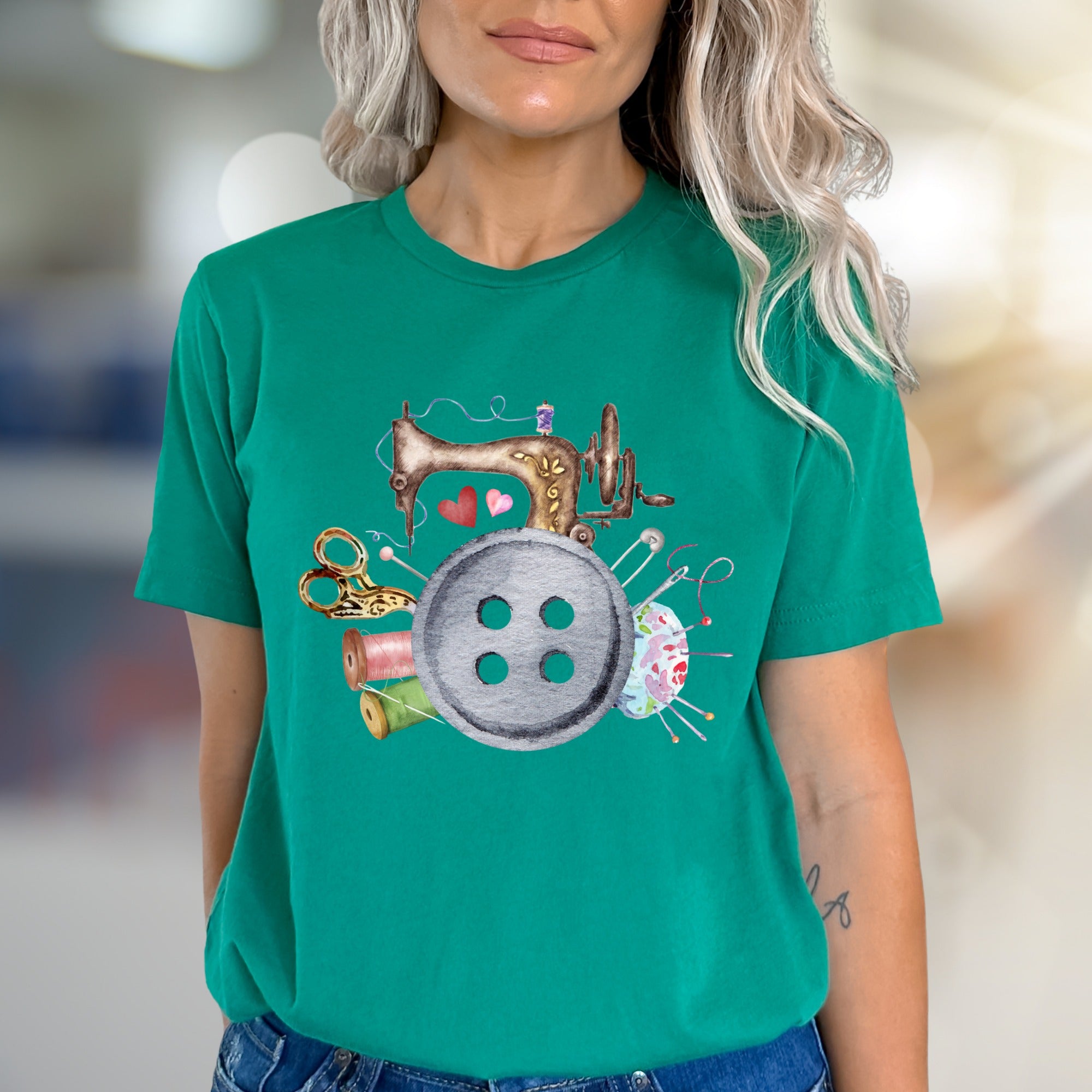 Sewing Machine & Crafty Button Graphic Tee, a Hobbyist's Style Pick for Creators