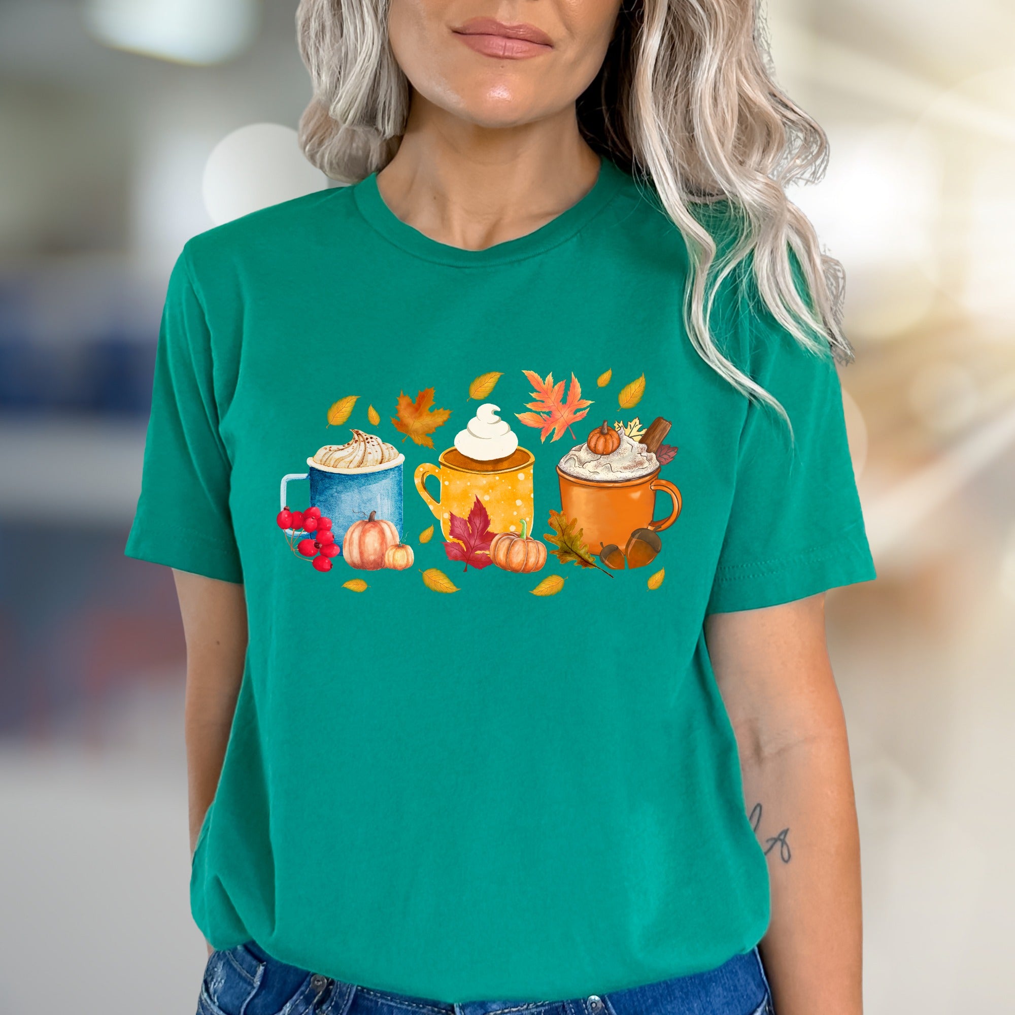 Autumn Coffee Mug Collage Graphic Tee, a Cozy Fall Fashion Pick for PSL Lovers