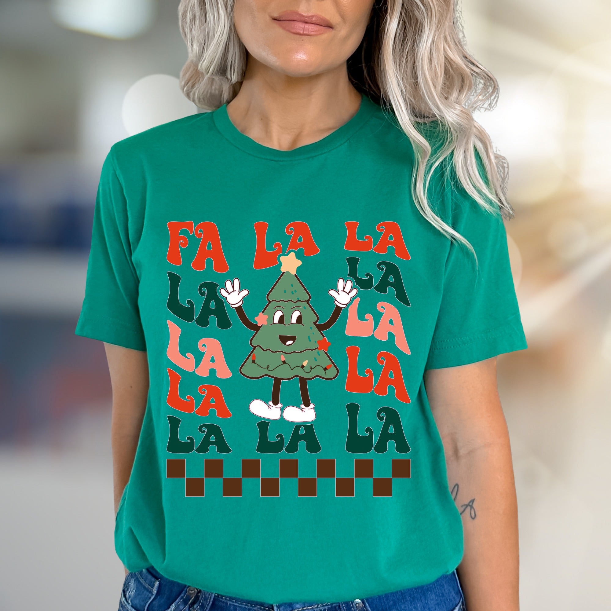 "FA LA LA" Retro Christmas Tree Graphic Tee, A Festive Holiday Pick for Enthusiasts