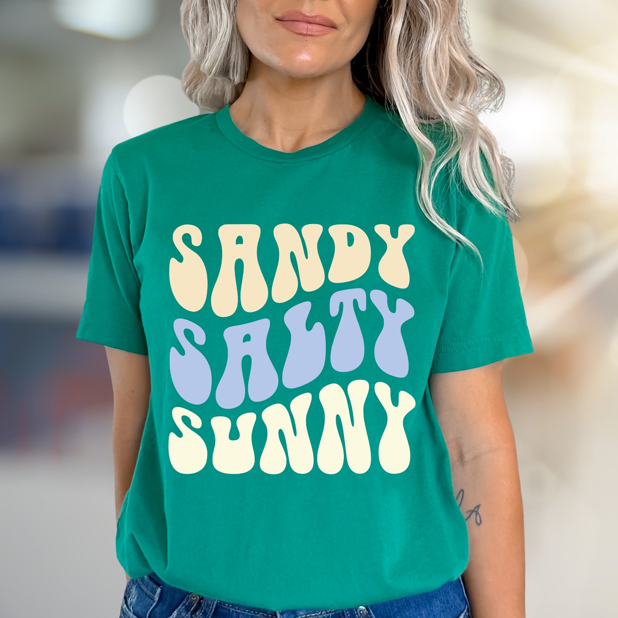 "Sandy Salty Sunny" Retro Summer Graphic Tee, a Beach Lover's Relaxed Pick