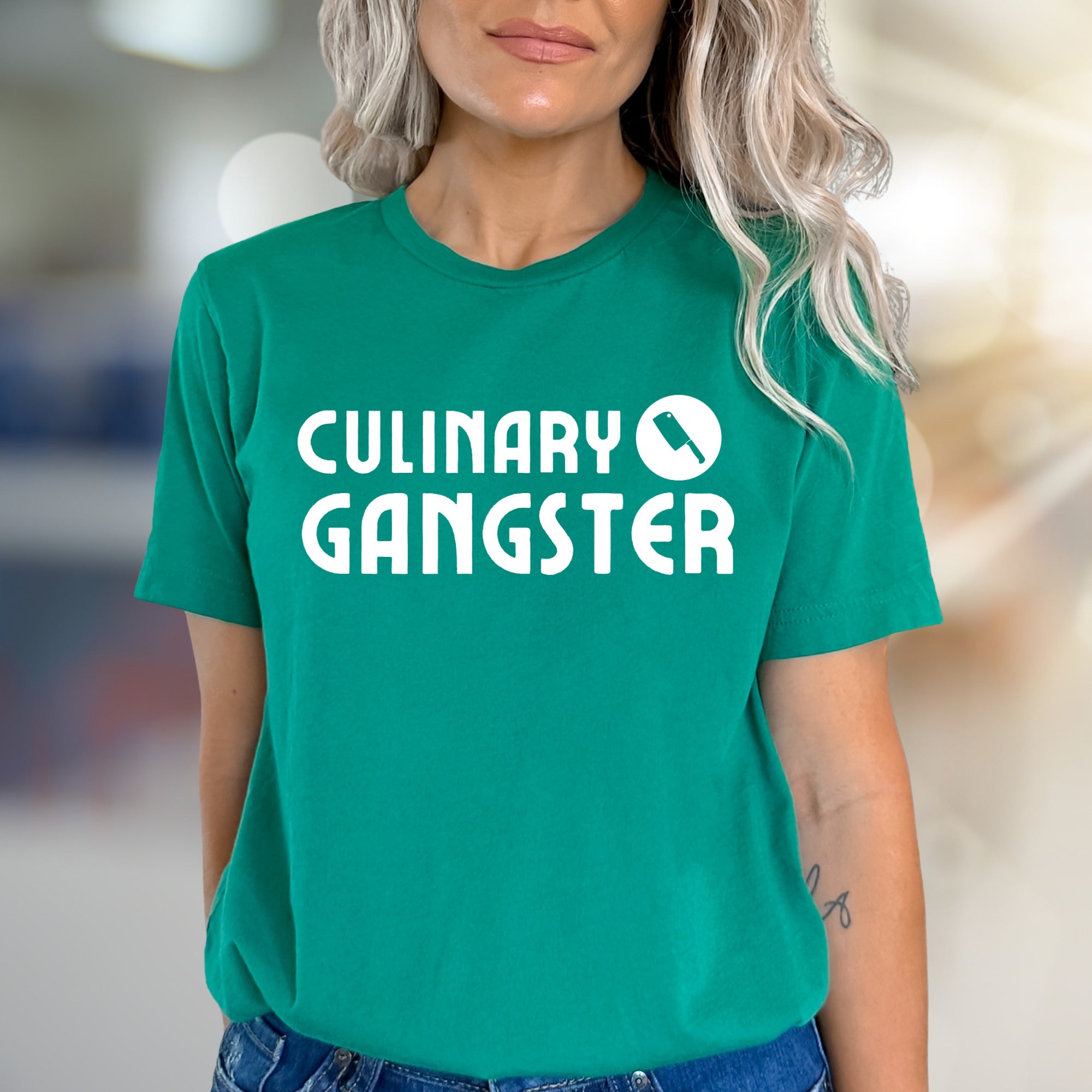 "Culinary Gangster" Chef Knife Graphic Tee, a Foodie Pick for Kitchen Enthusiasts
