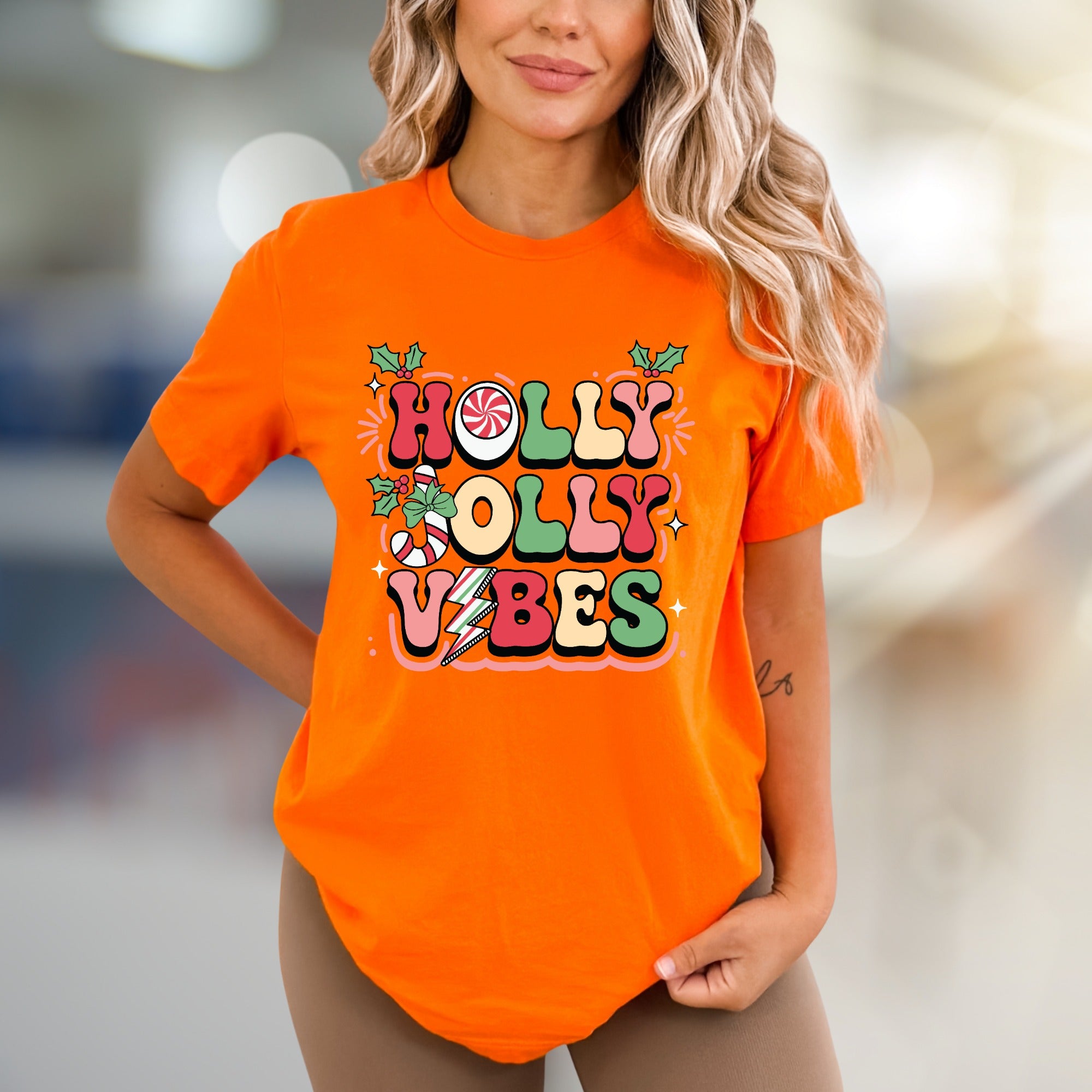 "Holly Jolly Vibes" Retro Christmas Graphic Tee, a Festive Pick for Holiday Enthusiasts