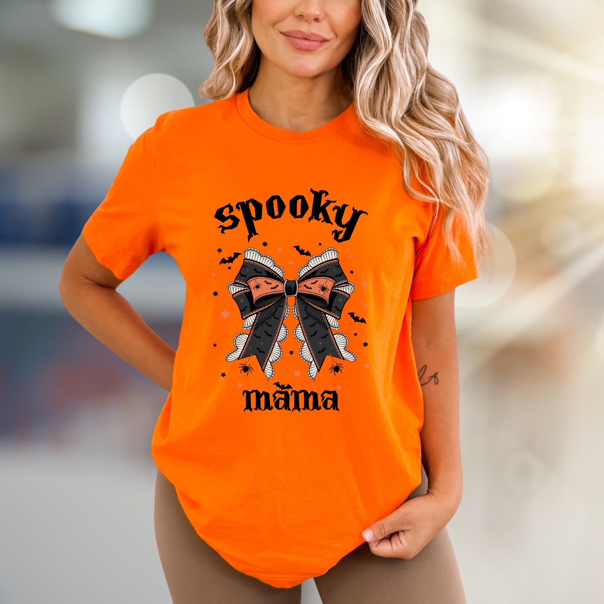 "Spooky Mama" Halloween Bow Graphic Tee, a Gothic-Chic Pick for Moms