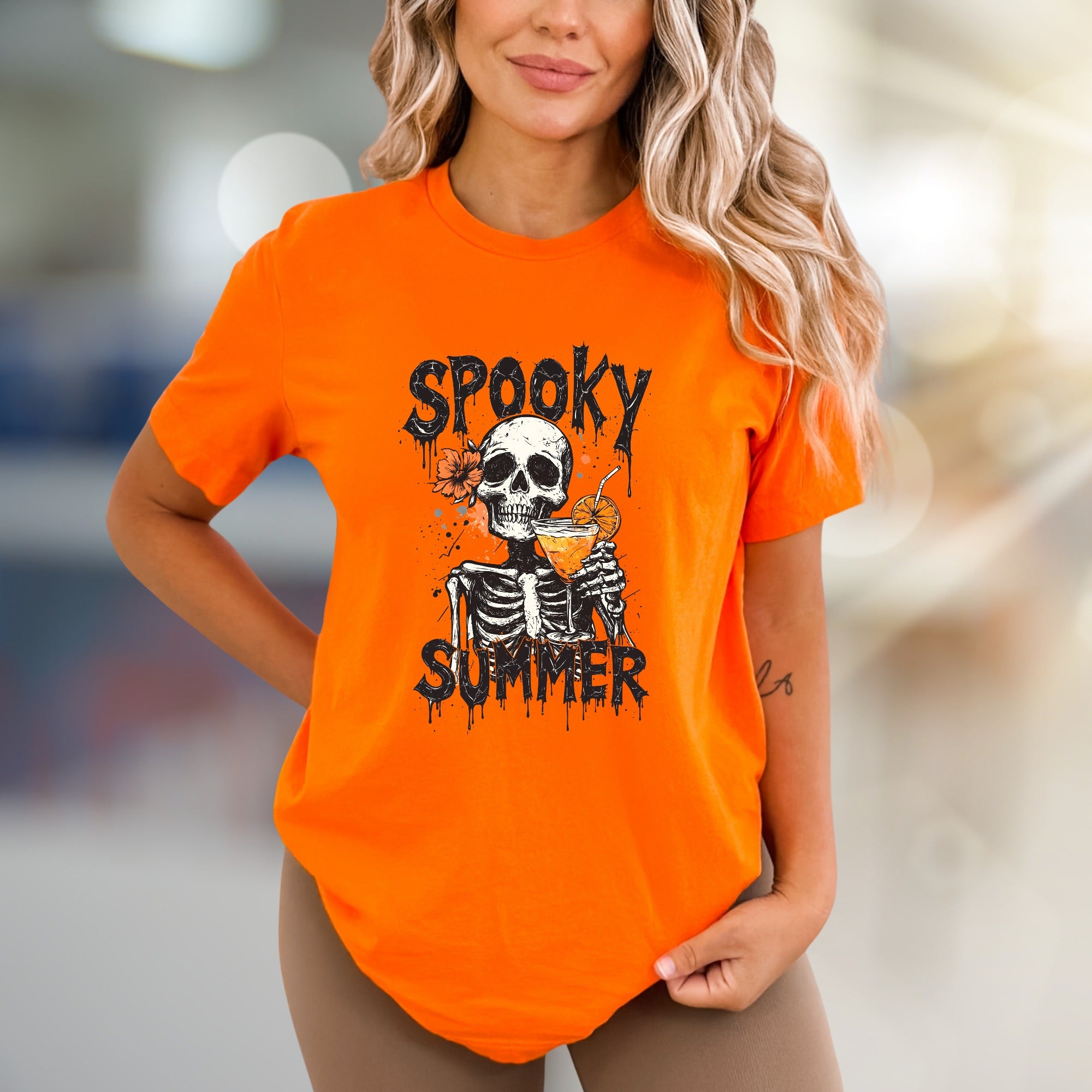 "Spooky Summer" Skeleton Cocktail Graphic Tee, a Gothic Beach Pick for Dark Humor Enthusiasts