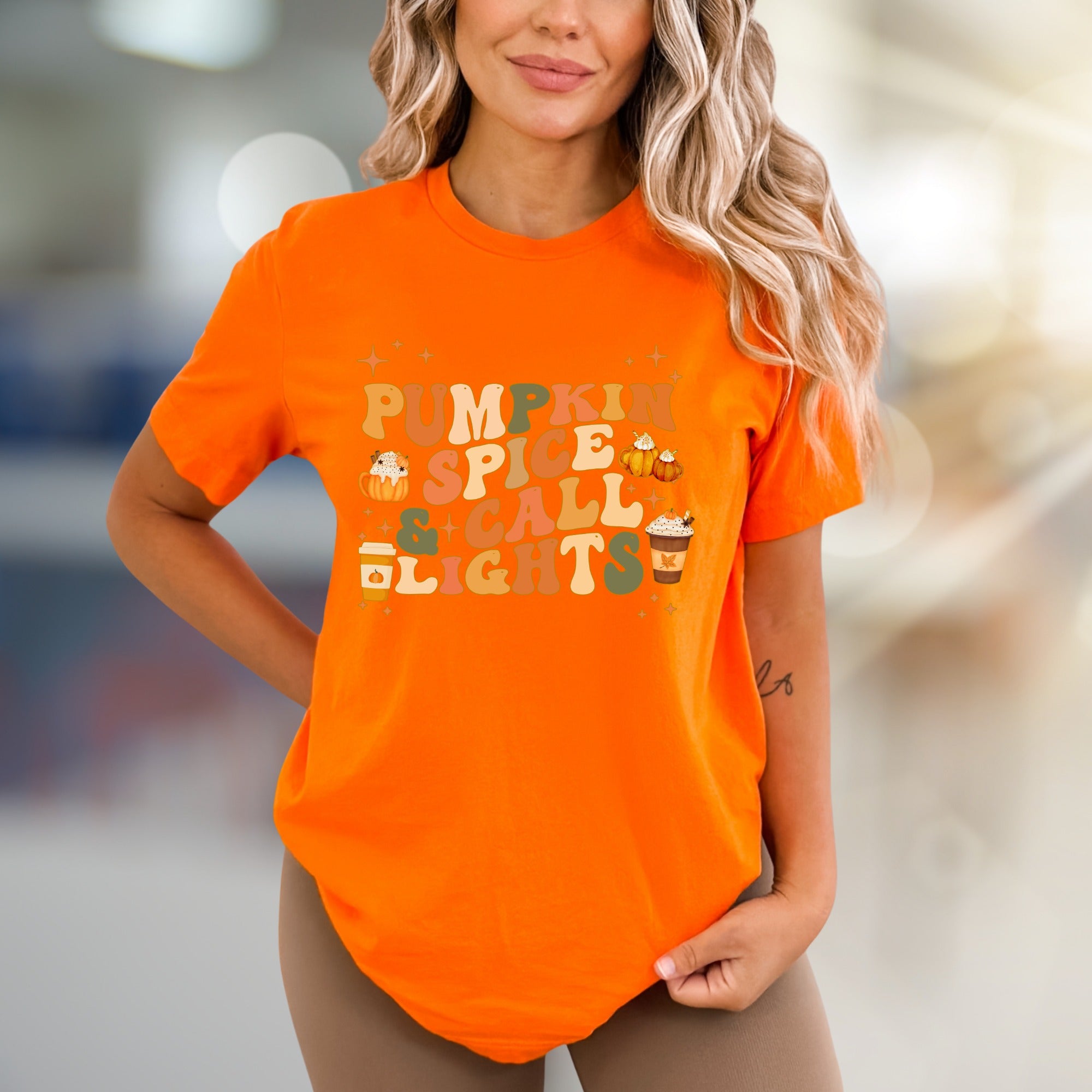 "Pumpkin Spice & Call Lights" Retro Fall Graphic Tee, a Seasonal Comfort Pick for Autumn Lovers