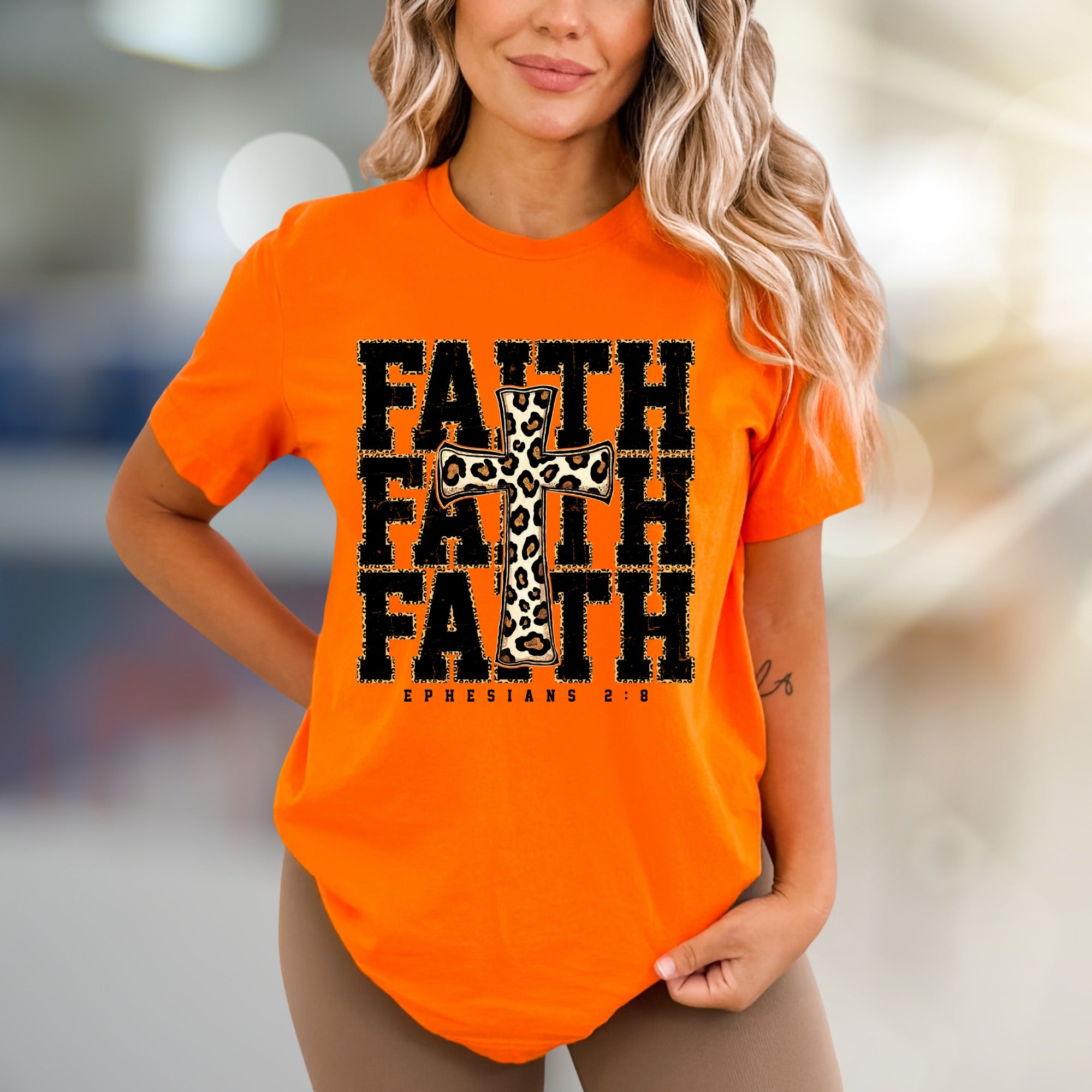 "Faith Ephesians 2:8" Leopard Print Cross Graphic Tee, a Spiritual Boho Pick for Believers