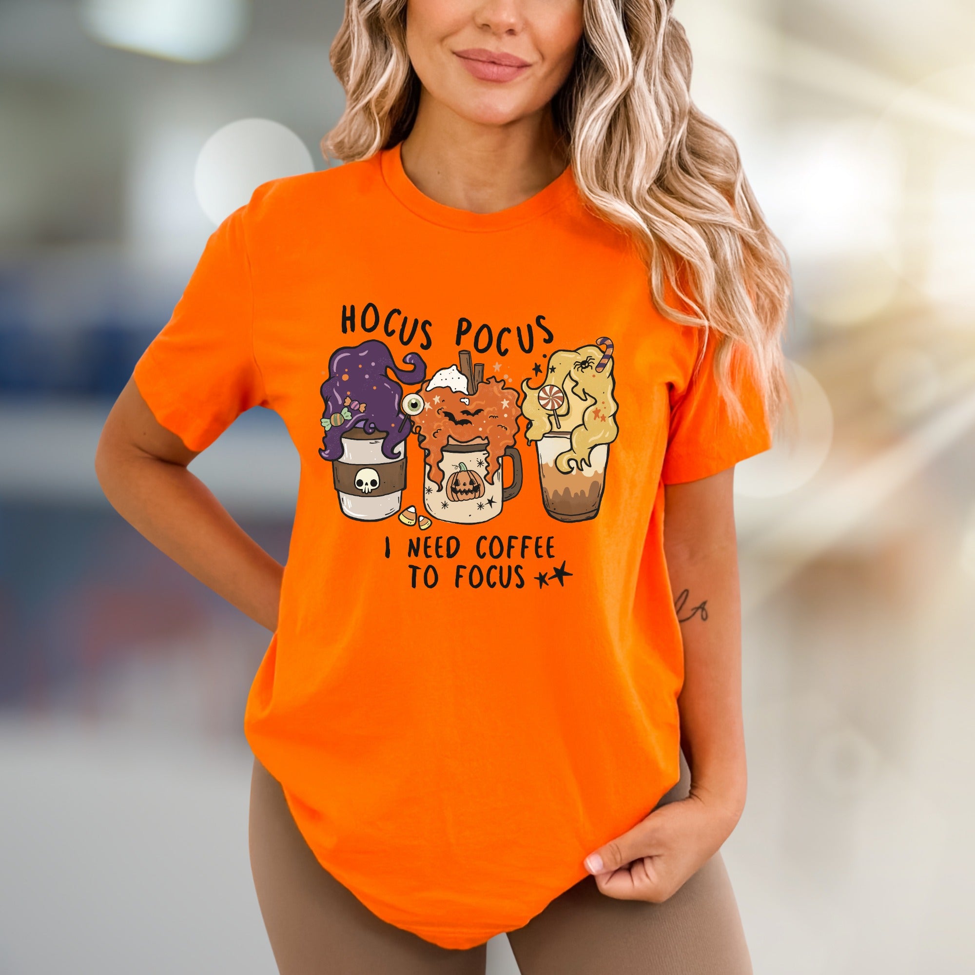 "Hocus Pocus I Need Coffee to Focus" Halloween Coffee Graphic Tee, a Spooky Funny Pick for Caffeine Lovers