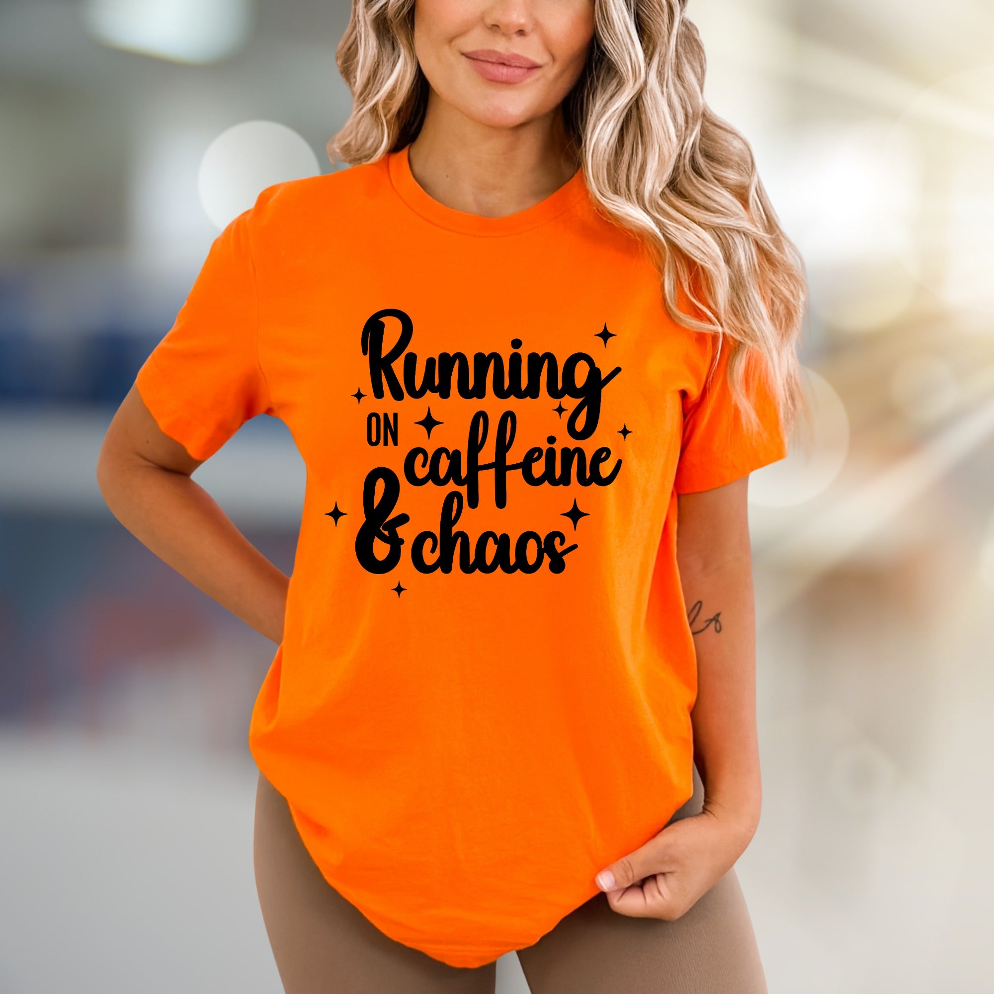 "Running on Caffeine & Chaos" Graphic Tee, a Witty Pick for Coffee Lovers