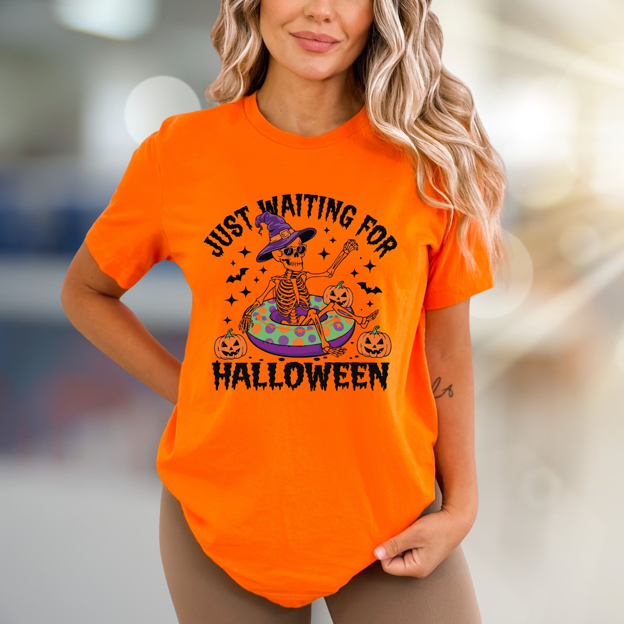 "JUST WAITING FOR HALLOWEEN" Spooky Skeleton Graphic Tee, a Funny Holiday Pick for Spooky Season Lovers