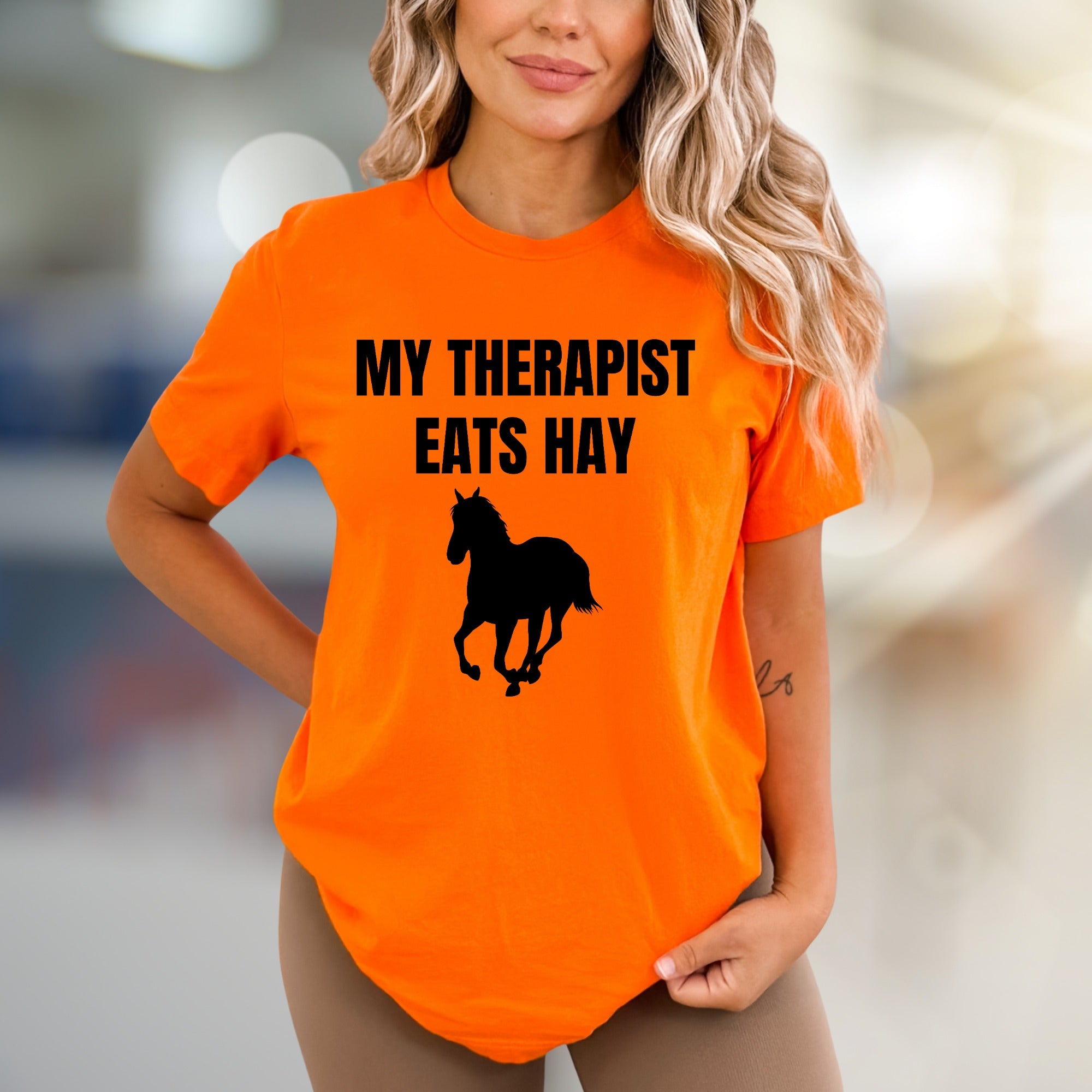 "My Therapist Eats Hay" Horse Graphic Tee, a Funny Equestrian Pick for Horse Lovers