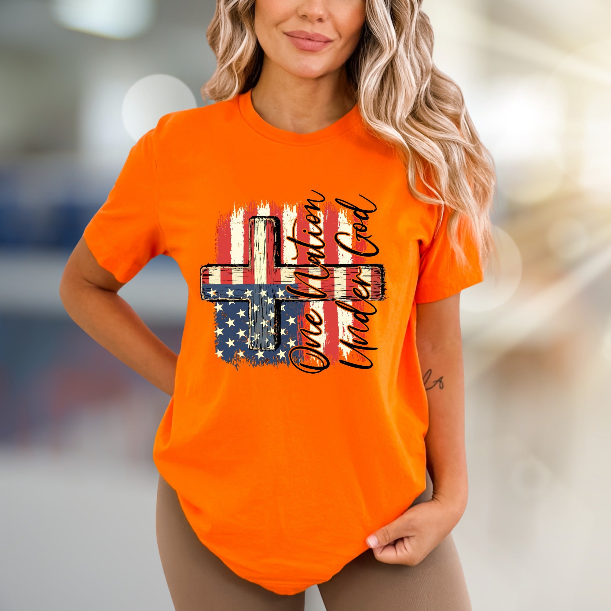 "One Nation Under God" Distressed Flag Cross Tee, a Patriotic Faith Statement