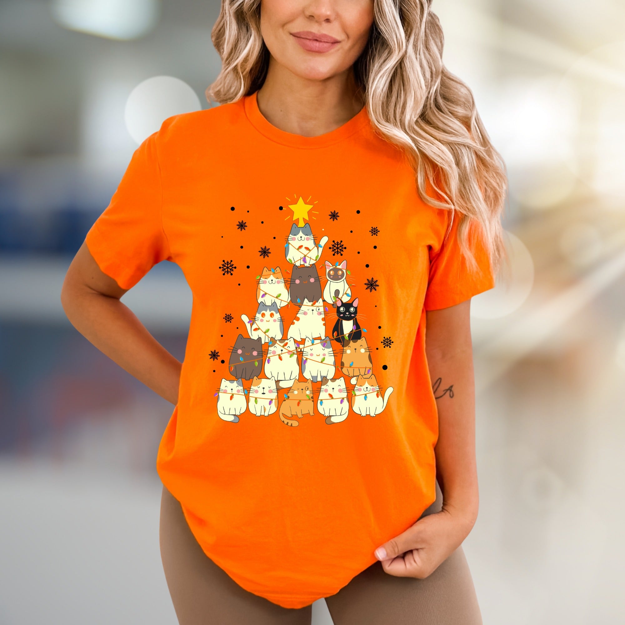 Charming Cat Christmas Tree Graphic Tee, A Cozy Holiday Pick for Pet Lovers