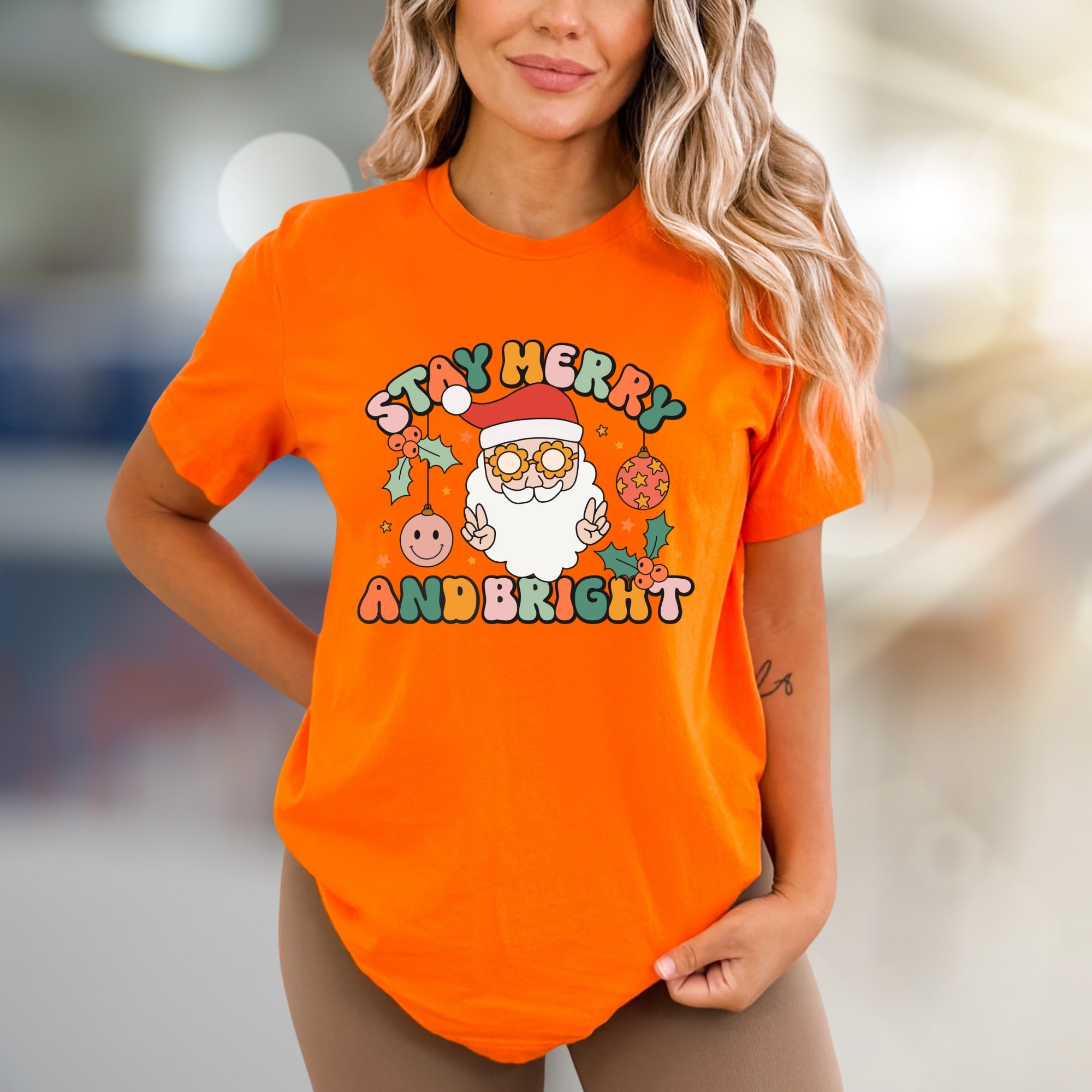 Stay Merry And Bright Santa Graphic Tee, A Retro Christmas Pick for Holiday Lovers